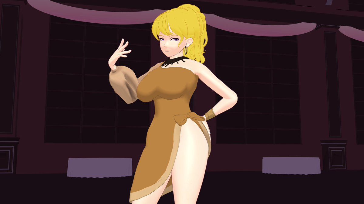 1girls blonde_female blonde_hair dress hair_tied long_hair long_hair_female pose posing purple_eyes rwby solo_female theblackbirdcalls thighs yang_xiao_long