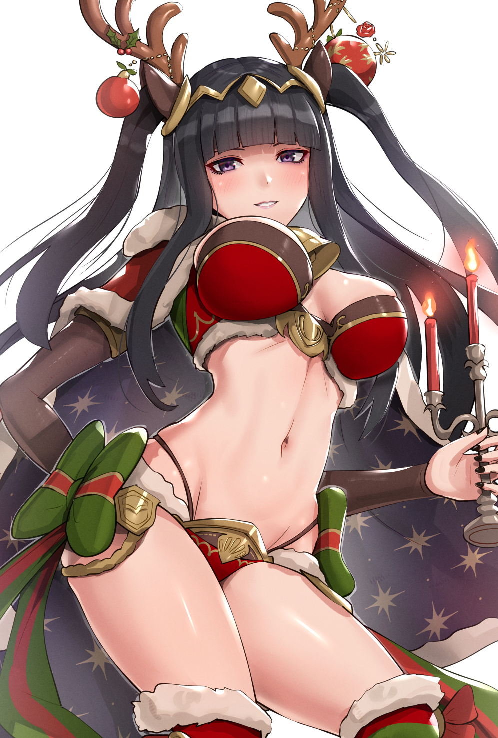 1girls alternate_costume animal_ears antlers bangs bare_midriff bare_thighs bikini black_hair black_nails blunt_bangs breasts bridal_gauntlets candle candlestand cape christmas christmas_ornaments cowboy_shot deer_ears female female_only fire_emblem fire_emblem_awakening fire_emblem_heroes fur_trim gonzarez hair_ornament highres holding holding_candle large_breasts long_hair midriff nail_polish navel nintendo official_alternate_costume panties parted_lips purple_eyes red_panties reindeer_antlers santa_bikini santa_costume shrug_(clothing) solo swimsuit tharja_(fire_emblem) tharja_(winter)_(fire_emblem) thighs two_side_up underwear