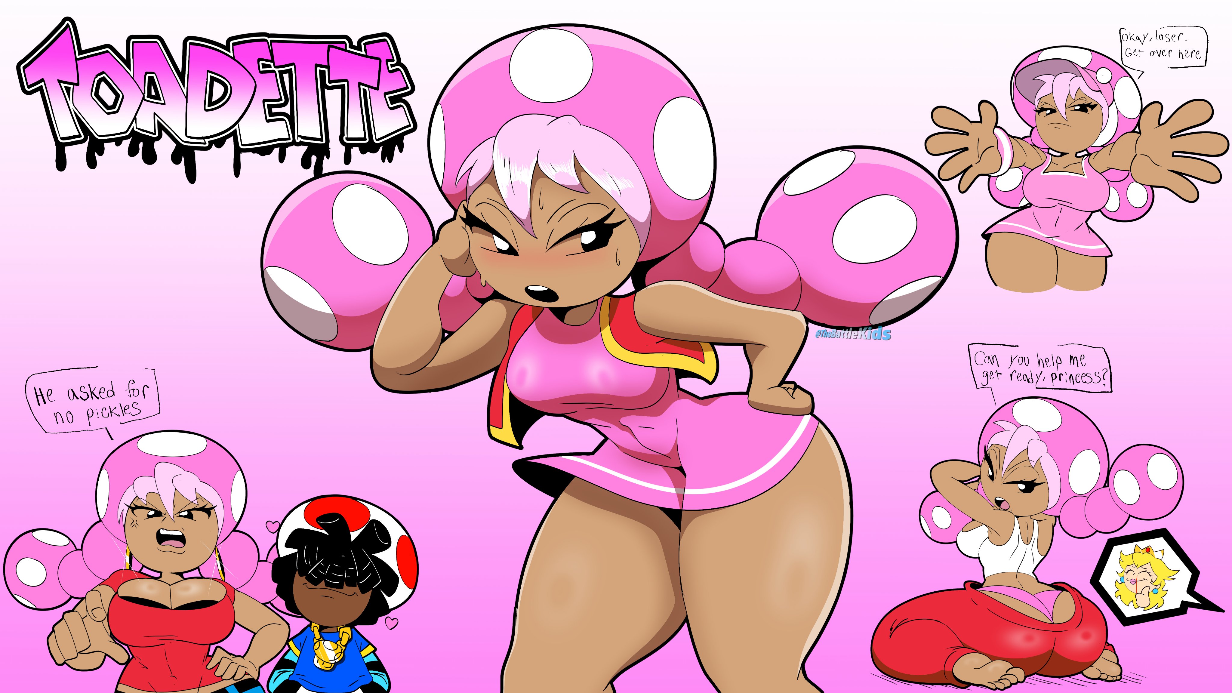 1boy, 1girls, 2026, 2d, ass, blush, blushing, cleavage, dark skin, dark-skinned female, english text, female, female focus, hair, he asked for no pickles, hoop earrings, mario (series), multiple images, nintendo, panties, pink hair, pink panties, solo focus, text, thick thighs, thighs, toad (mario), toadette, underwear