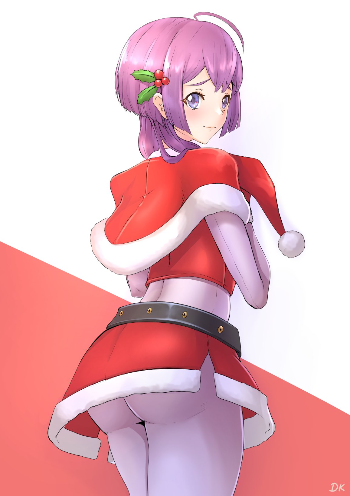 1girls ass back_view bernadetta_von_varley bernadetta_von_varley_(winter) big_ass bodysuit christmas_outfit deekei female_only fire_emblem fire_emblem:_three_houses fire_emblem_heroes hat looking_at_viewer looking_back nintendo pantyhose post-timeskip purple_eyes purple_hair santa_hat short_hair smile solo upskirt