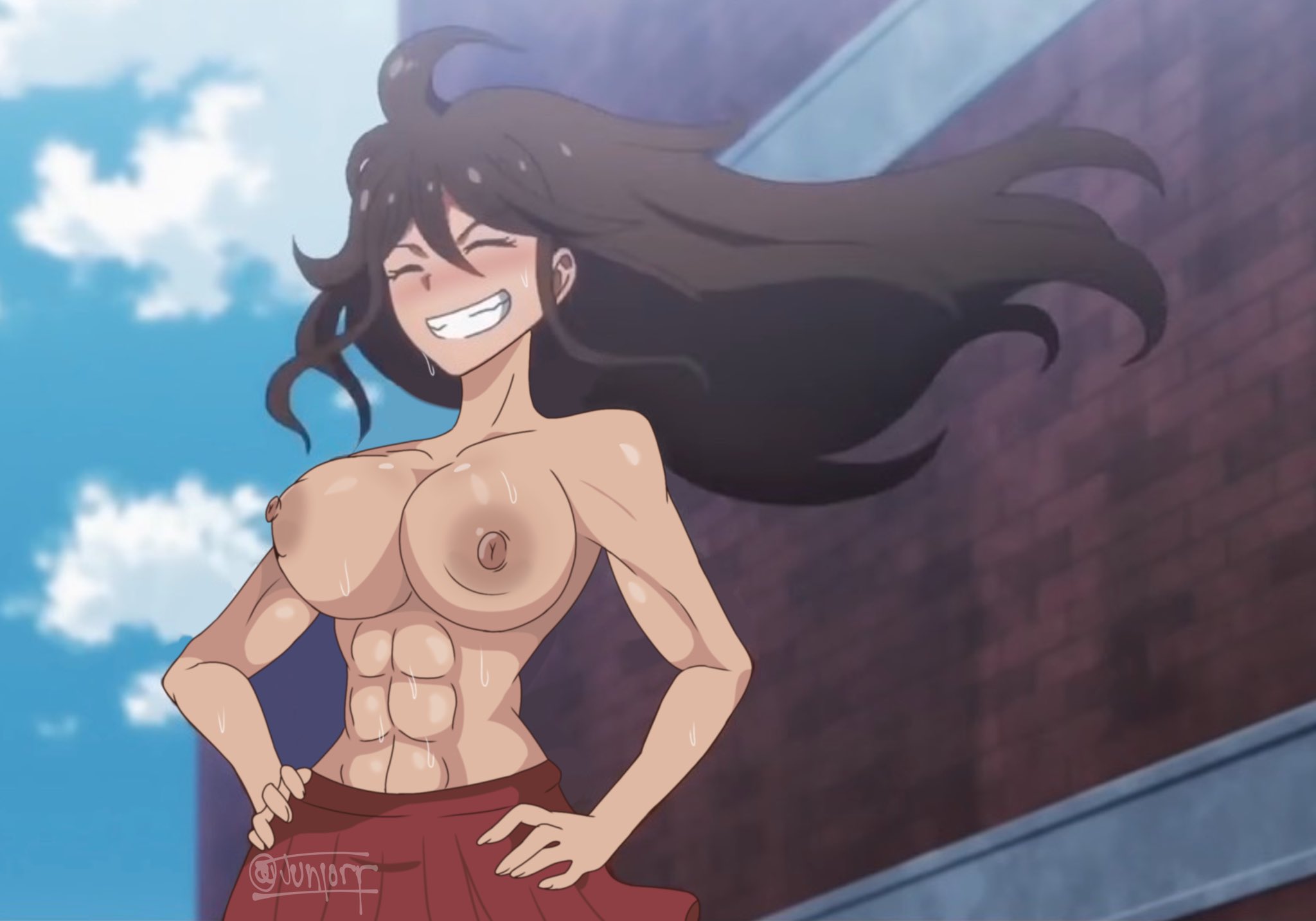 1girls, abs, big breasts, breasts, brown hair, closed eyes, danganronpa, danganronpa 2: goodbye despair, danganronpa 3, dark skin, dark-skinned female, edit, eyes, female, junior art , long hair, muscular, muscular female, owari akane, smile, smiling, smiling at viewer, smooth skin, sole female, topless