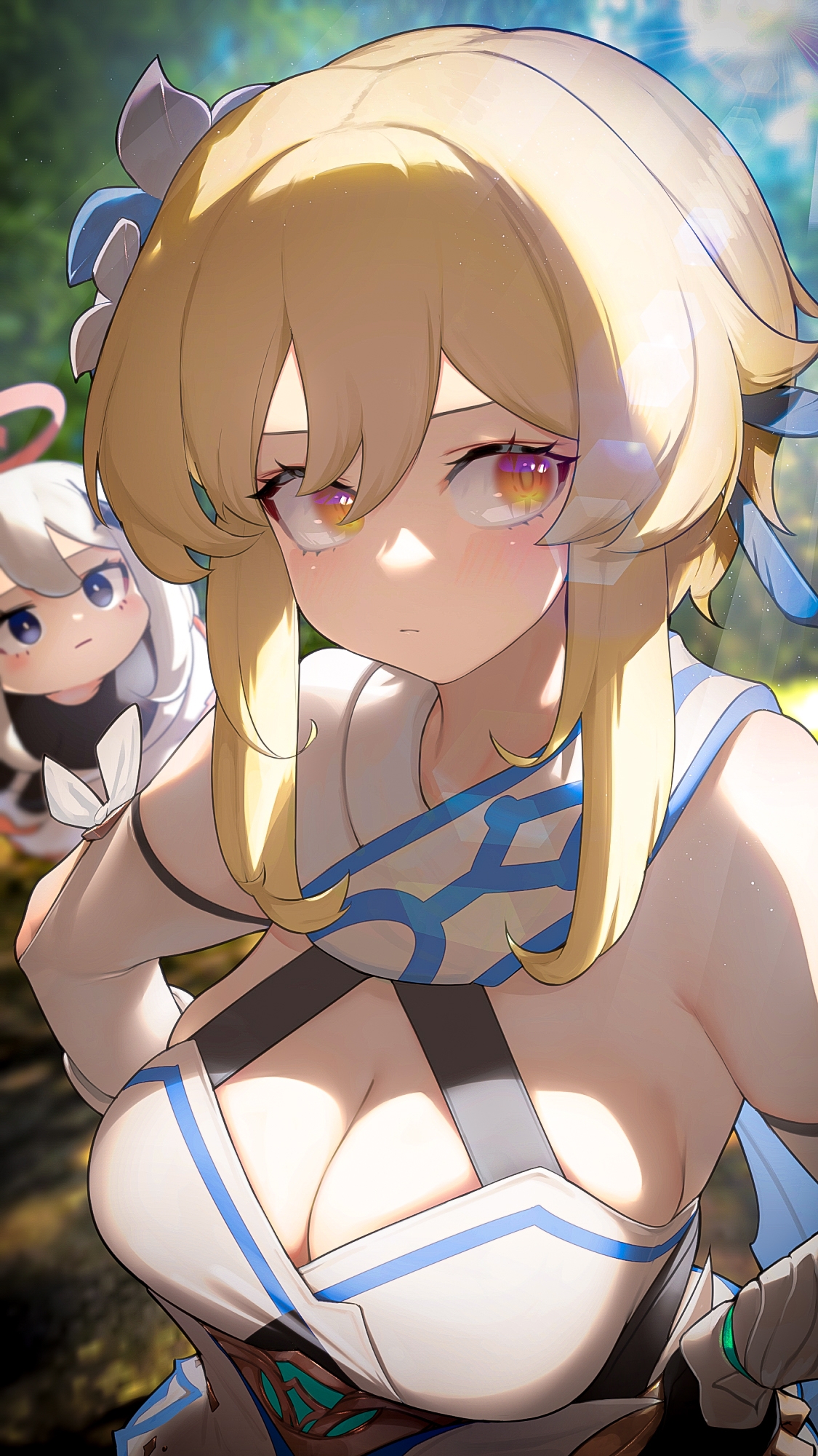 2021, 2girls, armwear, bangs, big breasts, blonde hair, blunt bangs, breasts, cleavage, closed mouth, clothed, clothing, cute, elbow gloves, eye contact, eyebrows visible through hair, eyelashes, female, female focus, female only, genshin impact, gloves, hair between eyes, hair ornament, hands on hips, hi res, high resolution, highres, hizake, huge breasts, kashu (hizake), large breasts, light skin, light-skinned female, looking at viewer, lumine (genshin impact), paimon (genshin impact), purple eyes, shiny hair, short hair, sideboob, sidelocks, white hair, wide eyed, yellow eyes