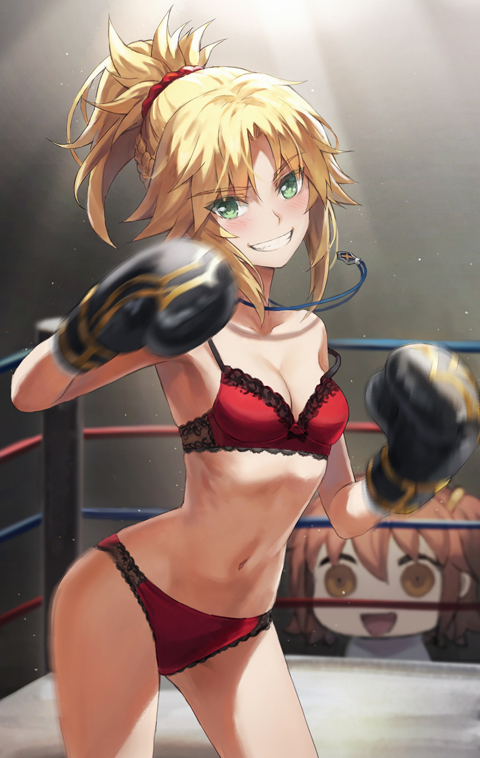 1girls attacking_viewer black_and_red_bra black_and_red_lingerie black_and_red_panties black_boxing_gloves black_bra_straps black_gloves blonde blonde_eyebrows blonde_female blonde_hair blonde_hair_female blush boxing boxing_gloves boxing_ring bra bra_strap_down breasts cleavage fate/grand_order fate_(series) female fighting_ring fighting_stance gloves green_eyes grin gudako lace lace-trimmed_bra lace-trimmed_lingerie lace-trimmed_panties lace_trim lingerie mordred_(fate) navel necklace panties picot_trim picot_trim_bra picot_trim_lingerie picot_trim_panties ponytail red_bra red_lingerie red_panties standing tagme thighs tonee