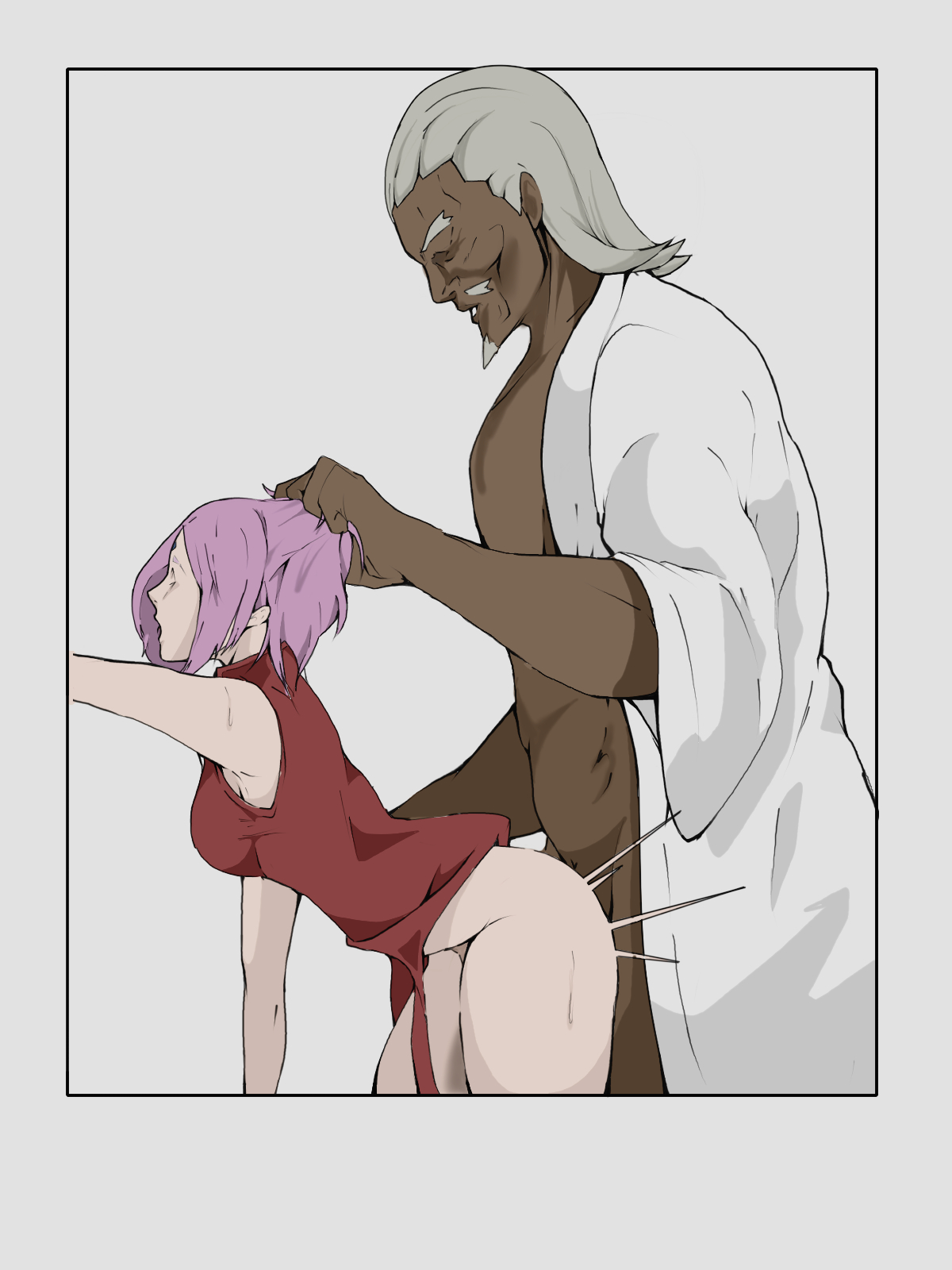 bed, bent over, dark skin, dark-skinned male, doggy style, female, from behind, haruno sakura, holding hair, interracial, male, naruto, naruto (series), pink hair, raikage, sakura haruno, sex, sex from behind, wankore 001