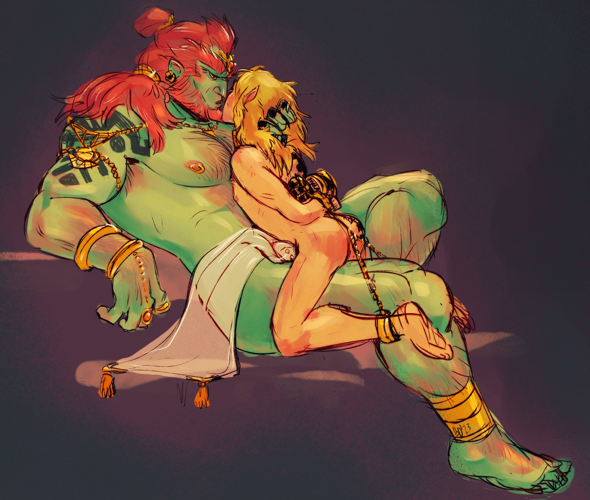 2boys, arm tattoo, ass, bigger dom, blonde hair, boxer dandy (artist), chained, chained up, chained wrists, chest tuft, cuffs, elf ears, ganondorf, ganondorf (tears of the kingdom), gay, gerudo, gold (metal), gold jewelry, green skin, hands behind back, height difference, hylian, imminent kiss, jewelry, light skin, light-skinned male, link, link (tears of the kingdom), long hair, male, male only, male/male, naked, nintendo, nipple piercing, nipples, nude, piercing, pointy ears, red hair, restrained, ring, simple background, size difference, tattoo, tears of the kingdom, the legend of zelda, tied hair, tied hands, tied up, yaoi