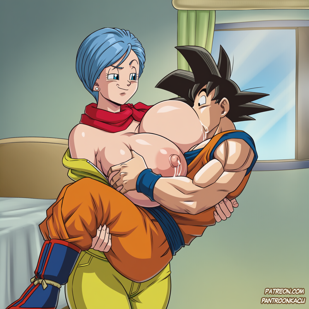 1boy 1girls ai_generated black_hair blue_eyes blue_hair breast_sucking breastfeeding breasts_bigger_than_head bulma_briefs carrying carrying_another carrying_partner cheating dragon_ball dragon_ball_super lactation large_breasts netorare nipples raiderofcause raised_eyebrow smug smug_face son_goku tagme