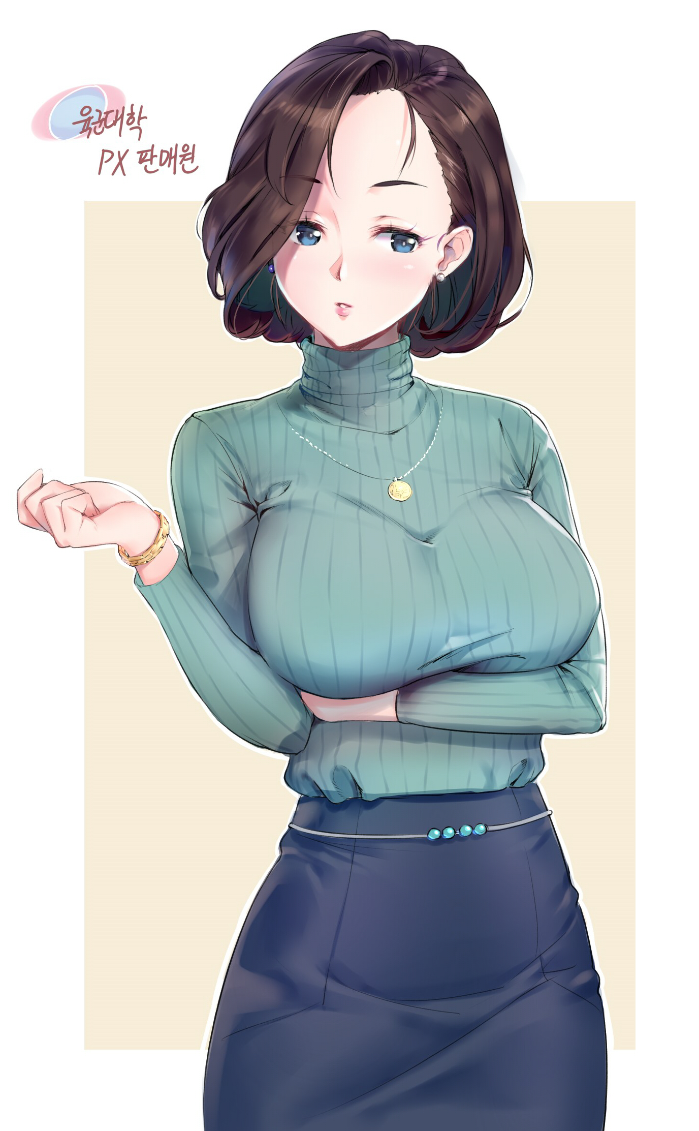 1girls, 2019, arm up, big breasts, black hair, blue eyes, blush, breasts, clothed, clothed female, clothing, earrings, female, female only, fully clothed, high resolution, mature, mature female, milf, muto, necklace, original, short hair, simple background, skirt, sweater, text, white background