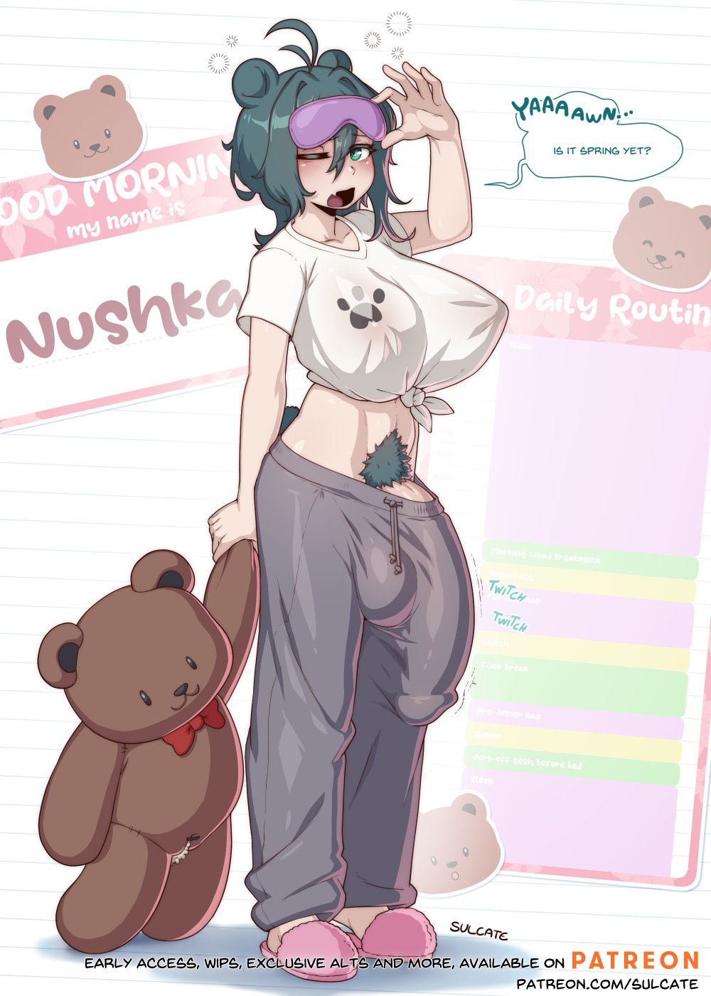 1futa, balls, big balls, big breasts, big bulge, breasts, bulge, clothing, futa only, futanari, huge balls, huge breasts, huge bulge, huge cock, hyper, hyper penis, light skin, light-skinned futa, looking at viewer, original, original character, pajamas, penis, sleep mask, solo, standing, sulcate, tenting, testicles, yawn