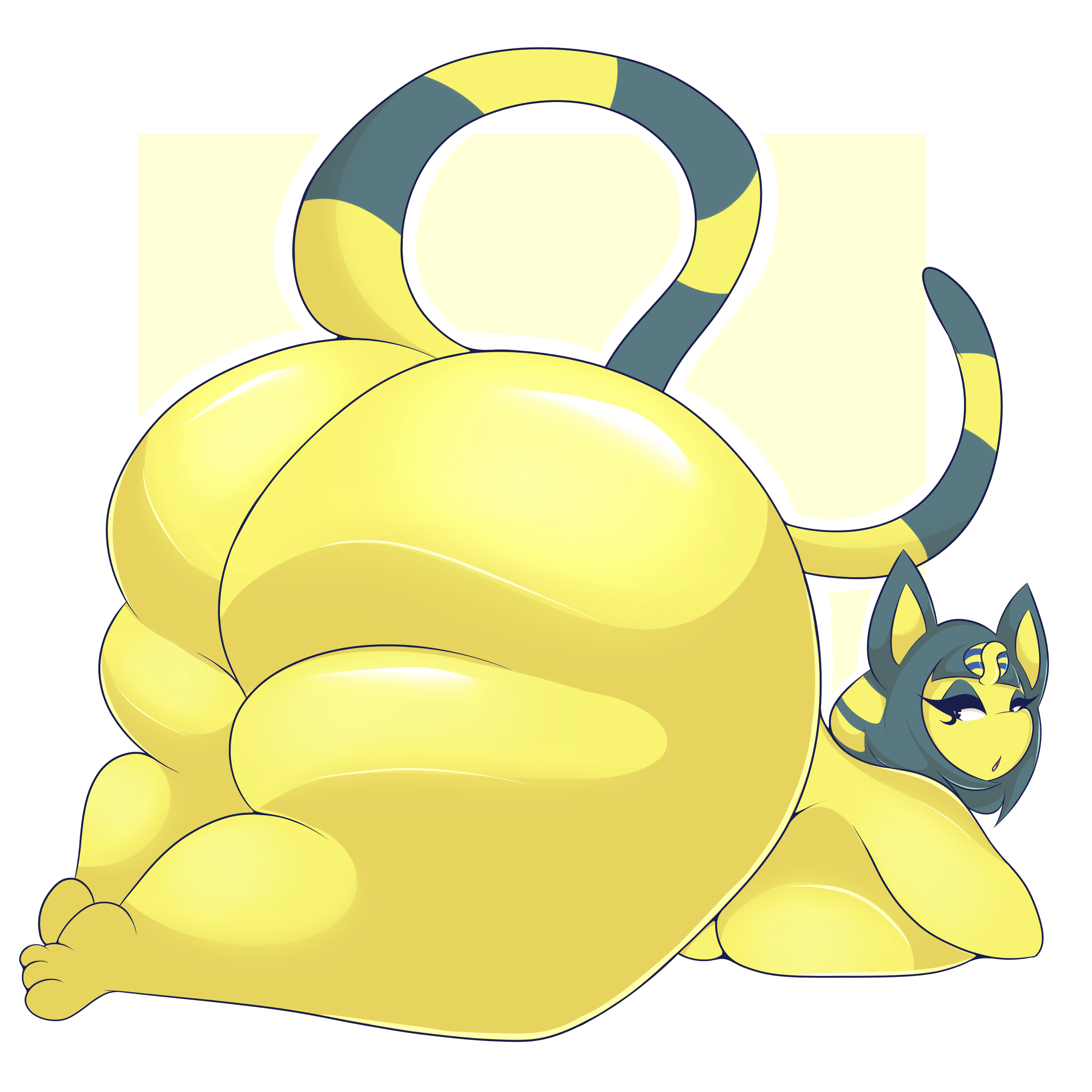 1:1, absurd res, animal crossing, ankha, anthro, arizonathevixen, ass, bent over, big ass, big breasts, big butt, blue hair, breasts, domestic cat, felid, feline, felis, female, hair, half-closed eyes, hi res, huge ass, huge butt, hyper, hyper ass, hyper butt, looking back, mammal, narrowed eyes, nintendo, nude, open mouth, solo, thick thighs, video games, wide hips, yellow body