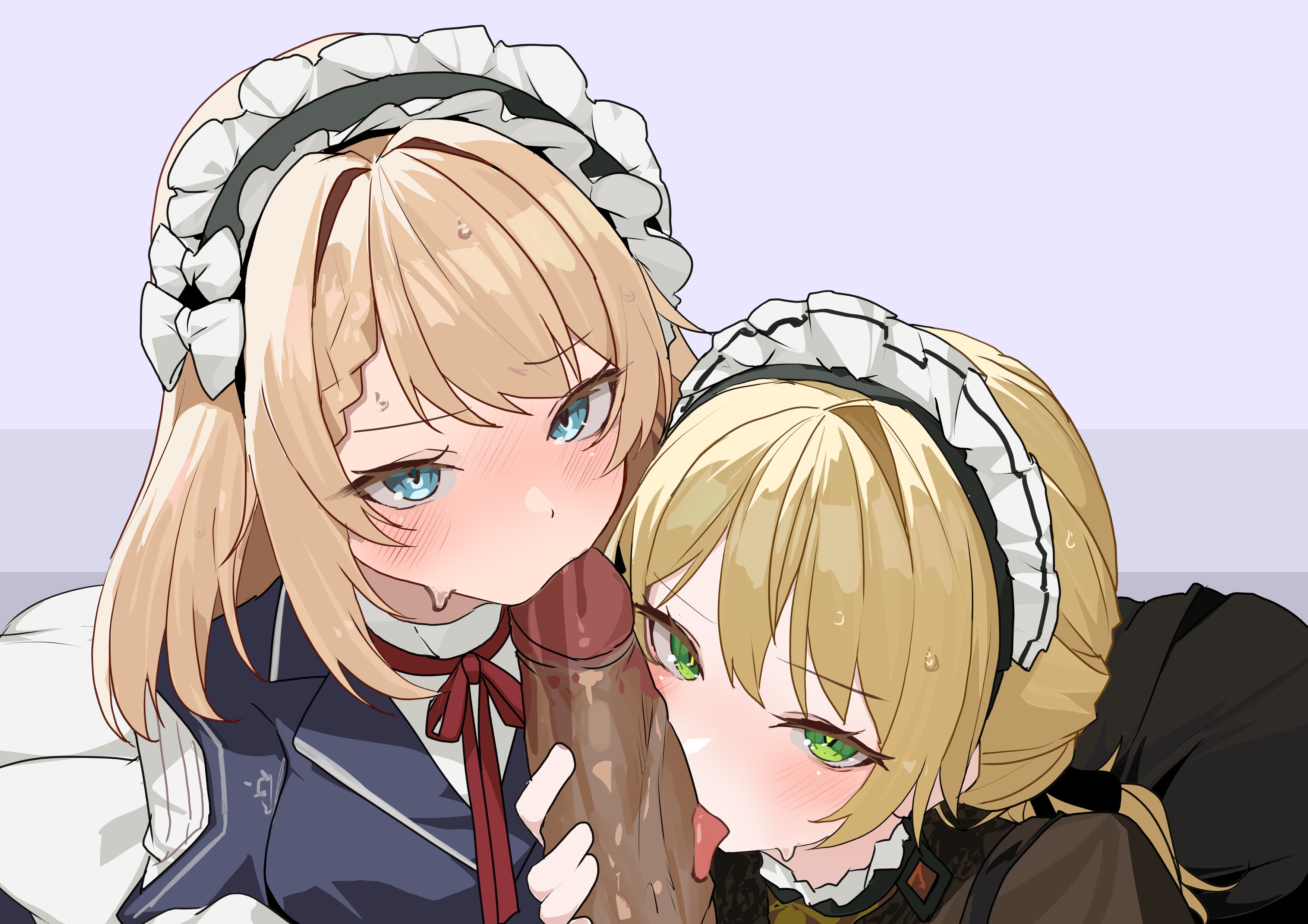 1boy, 2girls, blonde hair, blowjob, blue eyes, blush, centaureissi (girls' frontline 2), clothing, collaborative fellatio, fellatio, female, g36 (girls' frontline), girls' frontline, girls' frontline 2: exilium, green eyes, group, group sex, licking, licking penis, long hair, looking at viewer, maid, maid headdress, maid uniform, male, oral, oral sex, penis, pharetra third, sextans (girls' frontline 2), sextans (nocte bewitchment) (girls' frontline 2), sweat, sweatdrop, threesome, tongue, tongue out, uncensored, yanagui, yanagui yugi