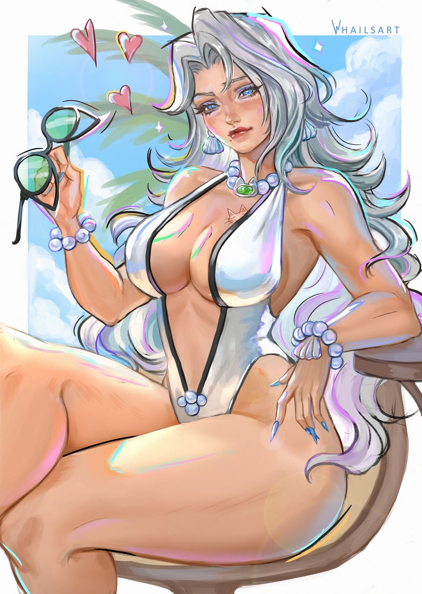 1girls, 2026, 2d, 2d (artwork), 2d artwork, alternate version available, artist name, beach, black cat (coastal cat), black cat (marvel rivals), black cat (marvel), blue eyes, bracelet, breasts, cat tattoo, cleavage, earrings, exposed hips, felicia hardy, hip cleavage, hip vent, holding, holding removed eyewear, jewelry, large breasts, light skin, light-skinned female, long hair, looking at viewer, marvel, marvel comics, marvel rivals, nail polish, official alternate costume, one-piece swimsuit, outside, smile, solo, spider-man (series), sunglasses, swimsuit, tattoo, thick thighs, thighs, unworn eyewear, video games, whailsart, white hair, white one-piece swimsuit, white swimsuit, wide hips