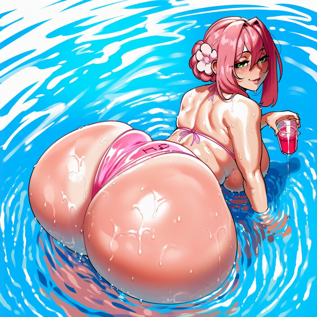 100 kanojo, 1girls, ai generated, ass focus, female, female focus, female only, gigantic ass, gigantic breasts, gigantic butt, gigantic thighs, hanazono hakari, huge ass, huge breasts, huge thighs, kimi no koto ga dai dai dai dai daisuki na 100-nin no kanojo, pink bikini, pool, solo, solo female, the 100 girlfriends who really really really really really love you