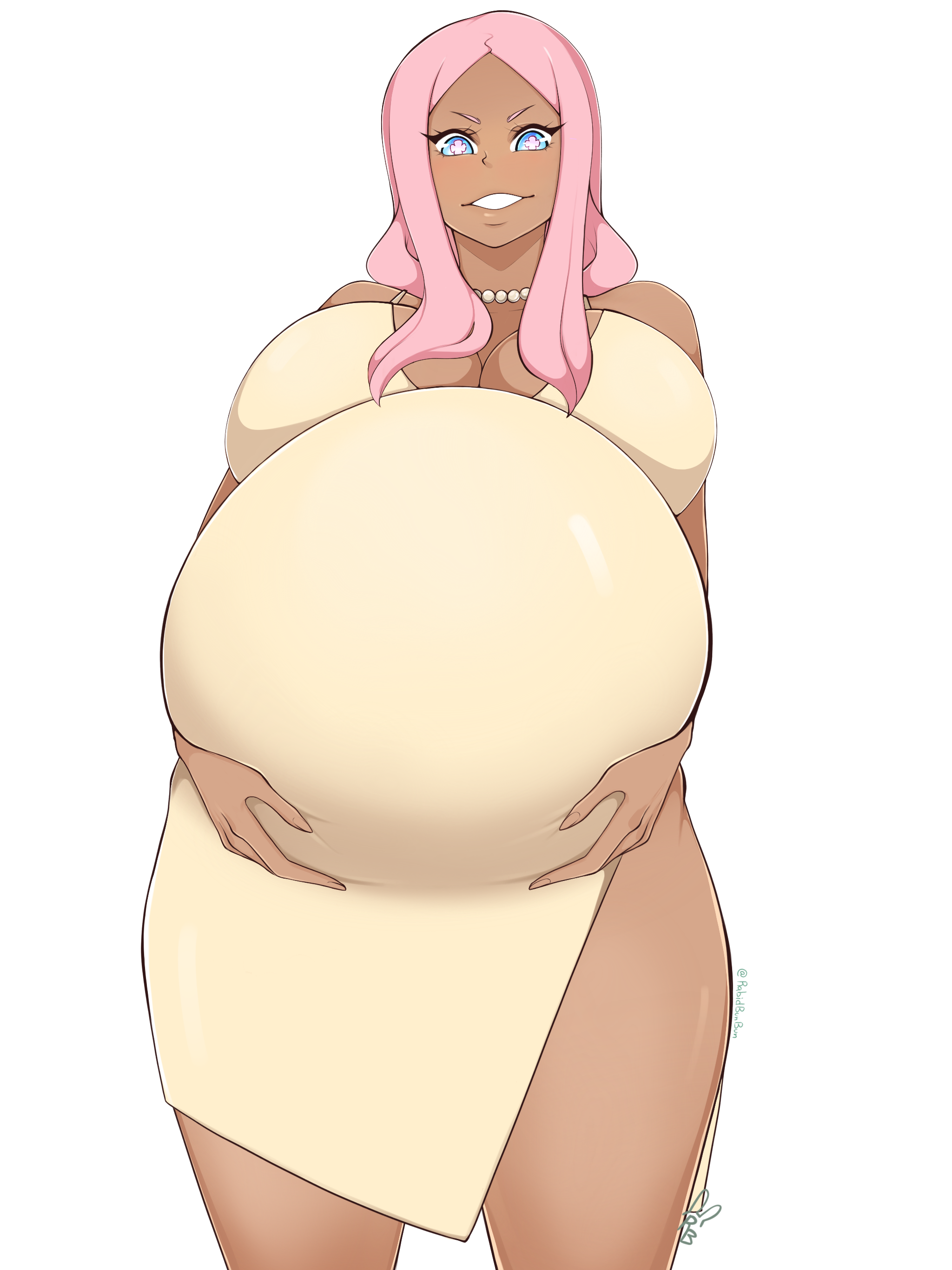 1girls, belly overhang, breasts, dark-skinned female, enen no shouboutai, female, female only, fire force, huge belly, huge breasts, looking at viewer, pregnant, princess hibana, rabidbunny, ready to pop, solo