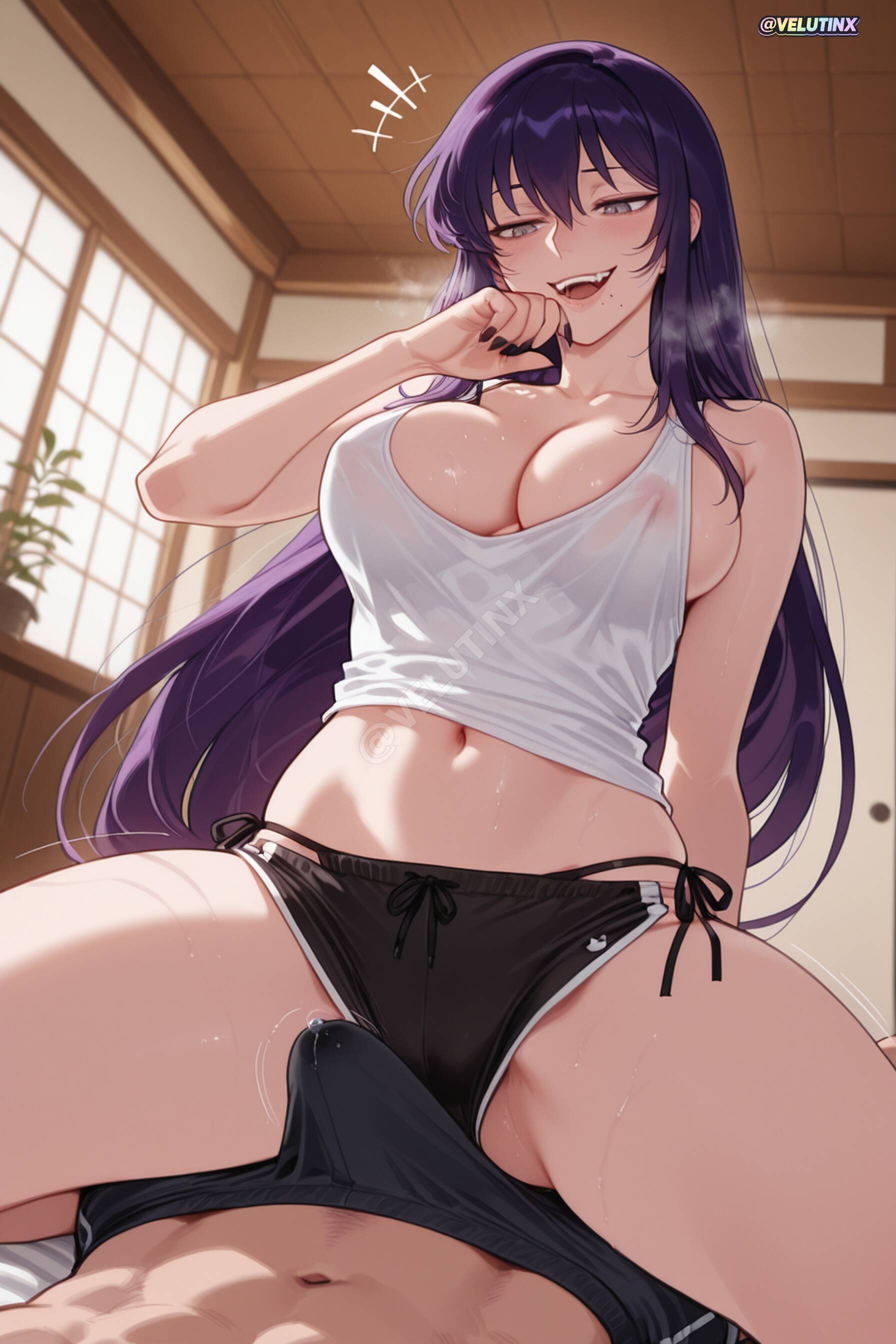:d, 1girls, ai generated, arm behind back, assertive female, bangs, bare shoulders, big ass, big thighs, black nails, black panties, black shorts, blush, boxers, breath, bubble butt, bulge, bursting breasts, busty, cameltoe, camisole, cleavage, collarbone, covered nipples, cowgirl position, crop top, curvaceous, curvaceous ass, curvaceous body, curvaceous female, curvaceous figure, curvaceous hips, curvaceous thighs, curvy, curvy body, curvy female, curvy figure, curvy hips, curvy thighs, dolphin shorts, erection, erection under clothes, fingernails, girl on top, grey eyes, grinding, hair between eyes, half-closed eyes, hand to own mouth, hand up, heavy breathing, hetero, hourglass figure, hourglass figured female, huge ass, huge breasts, huge hips, indoors, long fingernails, long hair, looking at viewer, male underwear, mature, mature female, micro shorts, midriff, nail polish, nails painted, naughty face, navel, nipples, no bra, open mouth, osakabe itoko, paid reward available, painted nails, panties, penis bulge, plump thighs, pov, purple hair, school rumble, see-through, sharp fingernails, shiny hair, shiny skin, short shorts, shorts, side-tie panties, sidelocks, sitting, skindentation, sleeveless, slim waist, smile, soft breasts, solo focus, spread legs, stomach, straddling, string panties, sweat, sweating, sweaty, sweaty body, tank top, teeth, thick butt, thick hips, thick legs, thick thighs, underwear, upper teeth, velutinx, very long hair, visible breath, voluptuous, voluptuous body, voluptuous female, watermark, wet body, wet skin, white camisole, white shirt, white tank top, wide ass, wide hipped female, wide hips, wide thighs