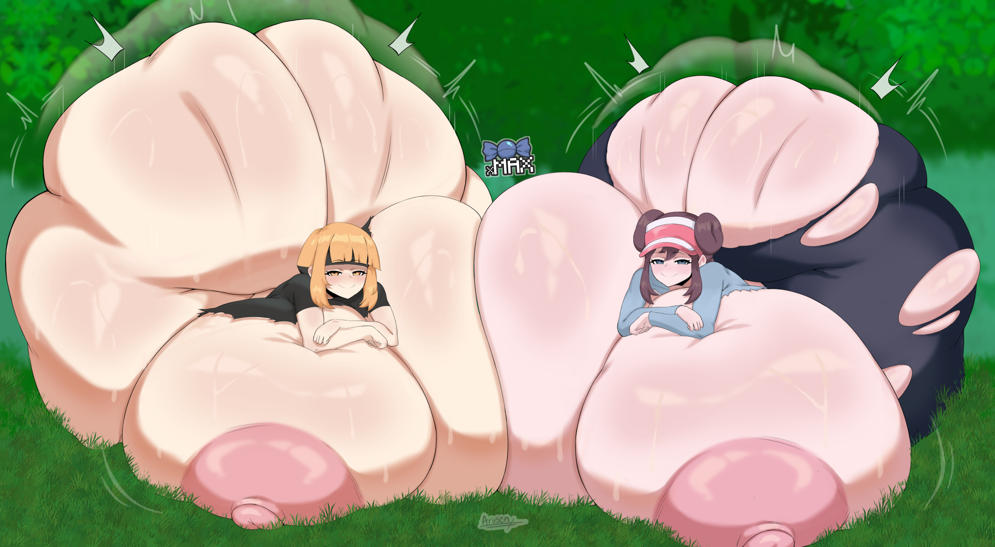2d, 2girls, arusen, ass, ass expansion, breast expansion, breast squish, breasts, breasts bigger than head, brown hair, clapping cheeks, expansion, female, female only, game freak, gardenia (pokemon), hyper, hyper ass, hyper breasts, hyper thighs, light skin, light-skinned female, looking at viewer, lying, lying down, lying on breasts, lying on own breasts, nintendo, nipples, outdoors, pantyhose, pokemon, pokemon bw, pokemon dppt, rosa (pokemon), sweat, tagme, thick thighs, thighs, torn clothes, torn pantyhose, twerking