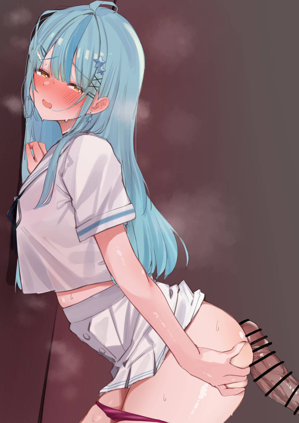 1boy 1girl against_wall ahoge arched_back ass ass_grab bar_censor blue_hair blush breasts breath buttjob censor_bar clothes_lift clothing dark_skin erection female folia_leaf from_side hair_ornament hairclip half-closed_eyes hand_on_own_ass heavy_breathing hetero imminent_penetration leaning_forward long_hair looking_at_viewer male midriff miniskirt multicolored_hair nijisanji nose_blush official_alternate_costume official_alternate_hairstyle open_mouth panties pantsu panty_pull penis penis_on_ass pink_panties pleated_skirt purple_panties sailor_collar school_uniform serafuku shirt short_sleeves skirt skirt_lift snowflake_hair_ornament solo_focus standing steam steaming_body streaked_hair sweat tamanoi_nana underwear virtual_youtuber white_sailor_collar white_serafuku white_shirt white_skirt yellow_eyes
