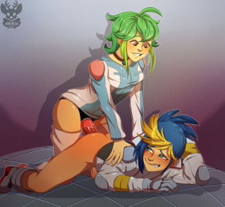 1boy 1girl 1girls bottomless canon_couple doggy_style duo female female_penetrating female_penetrating_male femdom male male_penetrated pegging rin_(yu-gi-oh!_arc-v) straight strap-on strapon yu-gi-oh! yu-gi-oh!_arc-v yugo_(yu-gi-oh!_arc-v)