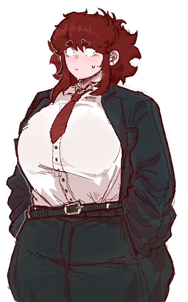auburn hair, big breasts, blush, breasts, chubby female, cute, dumb girl, fancy clothing, fat ass, flustered, friday night funkin, friday night funkin mod, girlfriend (friday night funkin), hands in pockets, huge ass, huge breasts, huge thighs, hyper thighs, korean nooby (artist), massacre girlfriend (friday night funkin), millie (mistful crimson morning), mistful crimson morning, nervous sweat, oc, solo, straining clothing, stretched clothing, suit, suit and tie, sweat, sweatdrop, thick thighs, thunder thighs, wide hips, worried