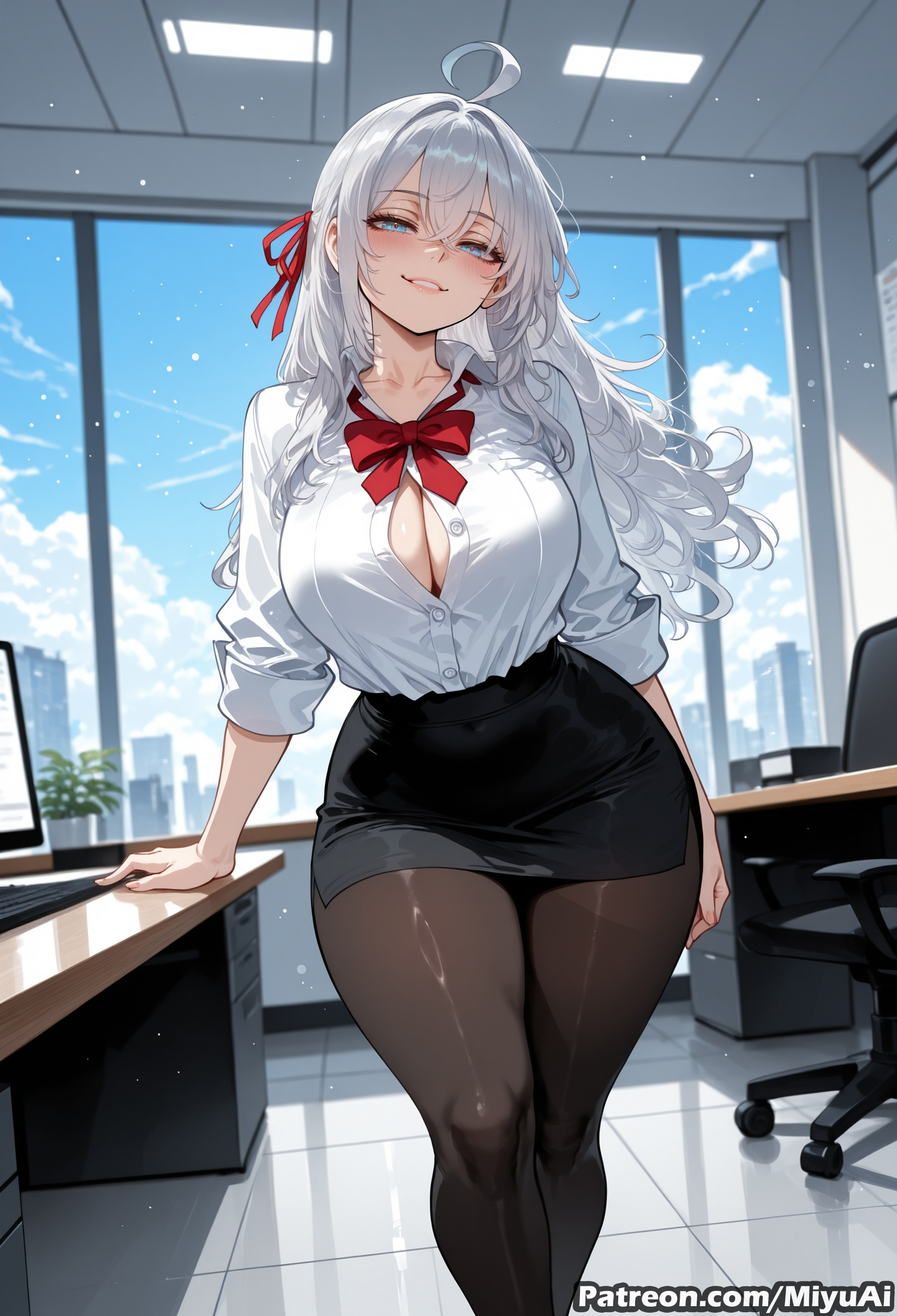 1girl, ahoge, ai assisted, ai generated, alisa mikhailovna kujou, black legwear, black skirt, blue eyes, blush, breasts, cleavage, curvaceous, curvy, curvy female, curvy figure, desk, dress shirt, female, hair ribbon, huge breasts, indoors, large breasts, long hair, looking at viewer, miyuai, pantyhose, pencil skirt, ribbon, shirt, silver hair, skirt, smile, solo, thick, thick ass, thick butt, thick hips, thick legs, thick thighs, tokidoki bosotto russian de dereru tonari no alya-san, voluptuous, voluptuous female, white shirt, wide hips, wide thighs, window
