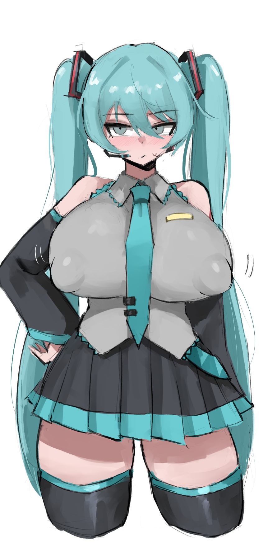 2d (artwork), beautiful girl, blush, covered erect nipples, curvy, doubleuww1, emotionless, emotionless female, hatsune miku, huge breasts, indifferent, miniskirt, nipple bulge, pleated miniskirt, pleated skirt, skirt, thick thighs, unamused, vocaloid, wide hips