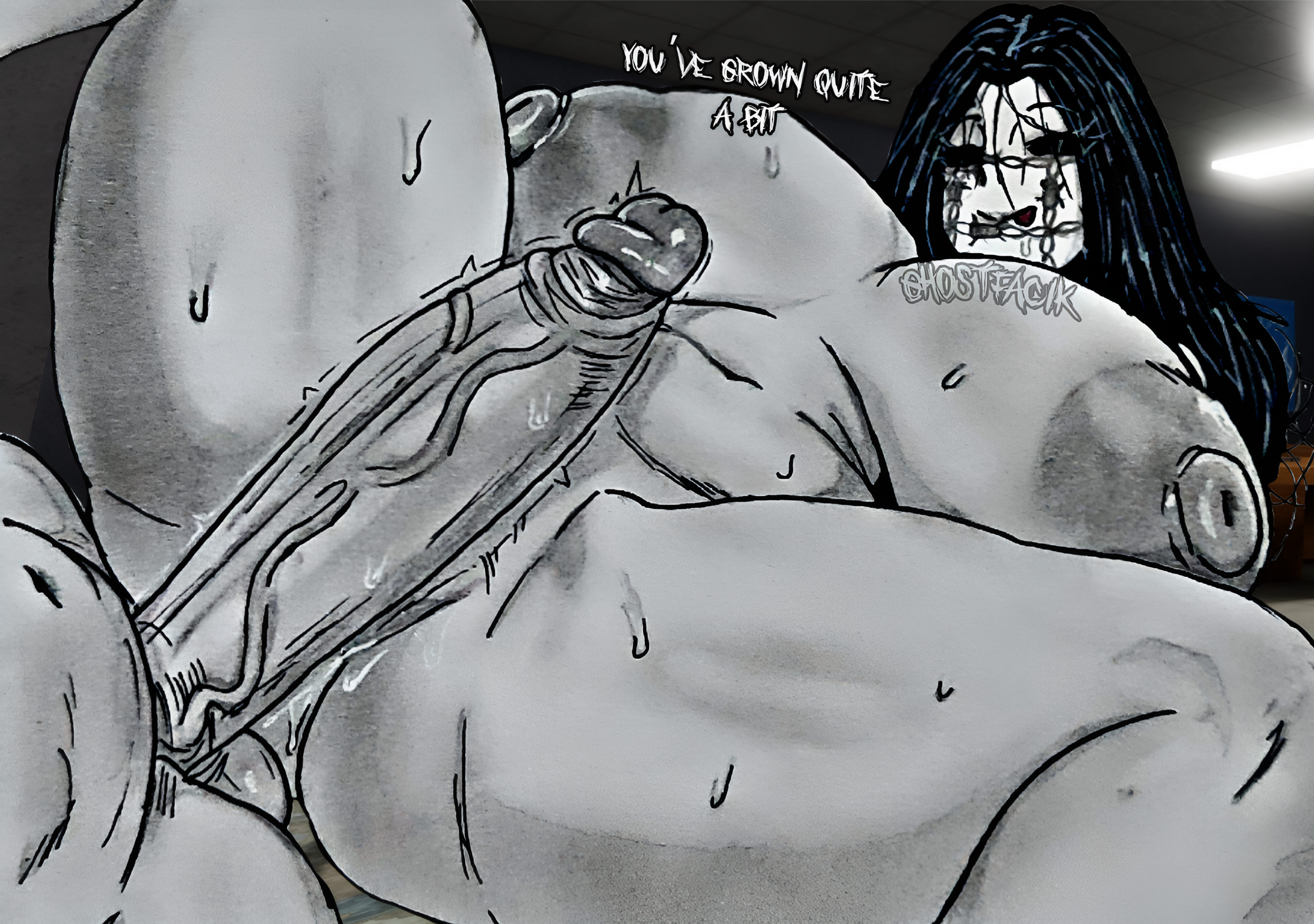 1boy, 1girl, artist name, black hair, dialogue, english text, explicit, ghostfacik, glistening skin, huge breasts, huge penis, ink, keiko (the mimic), legs spread, lineart, long hair, looking at another, lying on back, monochrome, nsfw, penis on pussy, roblox, roblox game, self upload, sketch, smile, sweat, sweaty, text, the mimic, thick thighs, tongue out, traditional media