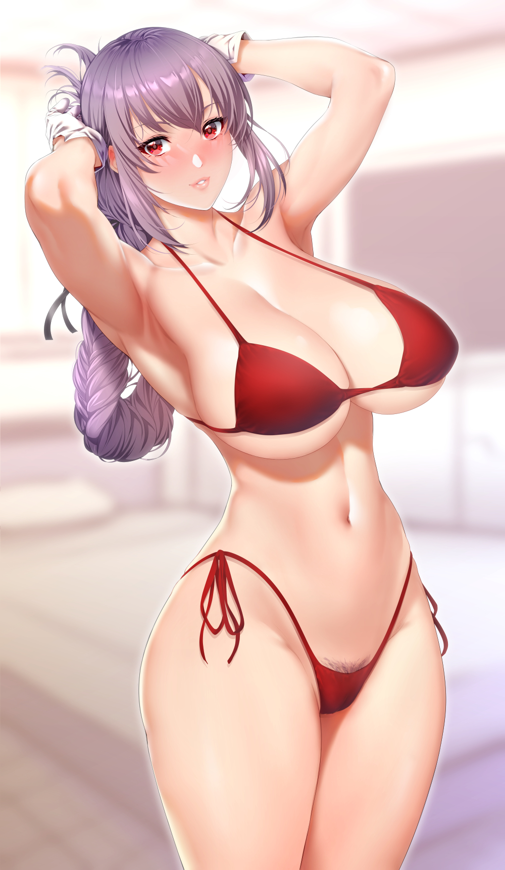 adjusting hair, armpits, arms up, bikini, braid, braided ponytail, breasts, cleavage, collarbone, curvy, fate (series), fate/grand order, female, female pubic hair, florence nightingale (fate), gloves, highleg, highleg bikini, highres, large breasts, legs together, lips, long hair, looking at viewer, navel, parted lips, pubic hair, pubic hair peek, purple hair, red bikini, red eyes, shiny, shiny hair, side-tie bikini, single braid, solo, standing, stomach, swimsuit, thick thighs, thighs, underboob, undersized clothes, white gloves, zucchini