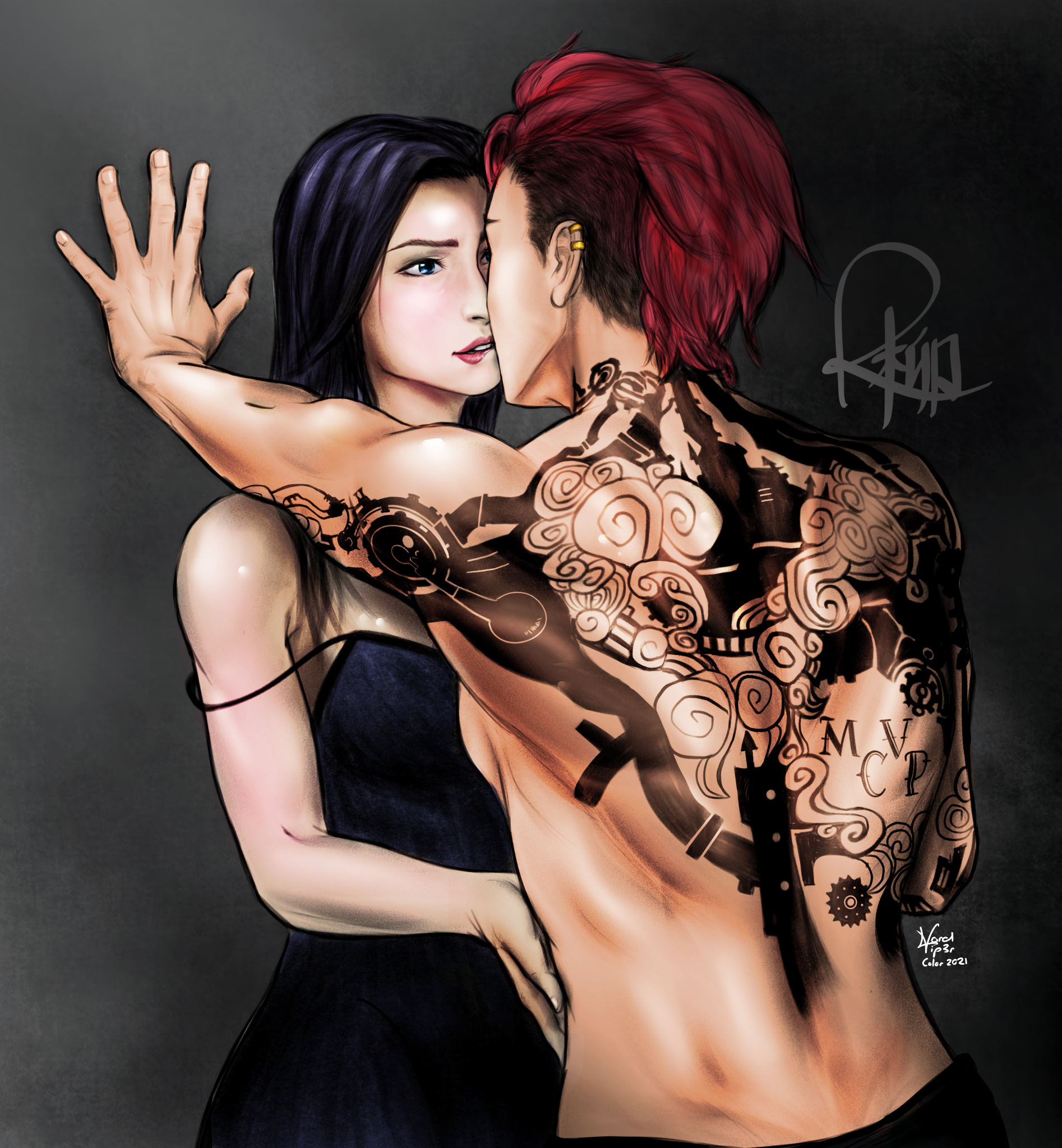 2girls, arcane, arcane caitlyn, arcane vi, back, biting lip, biting own lip, blue eyes, blue hair, caitlyn kiramman, canon couple, female, female only, league of legends, multiple females, multiple girls, muscles, muscular, muscular back, muscular female, pink hair, ryuuen, vi, yuri