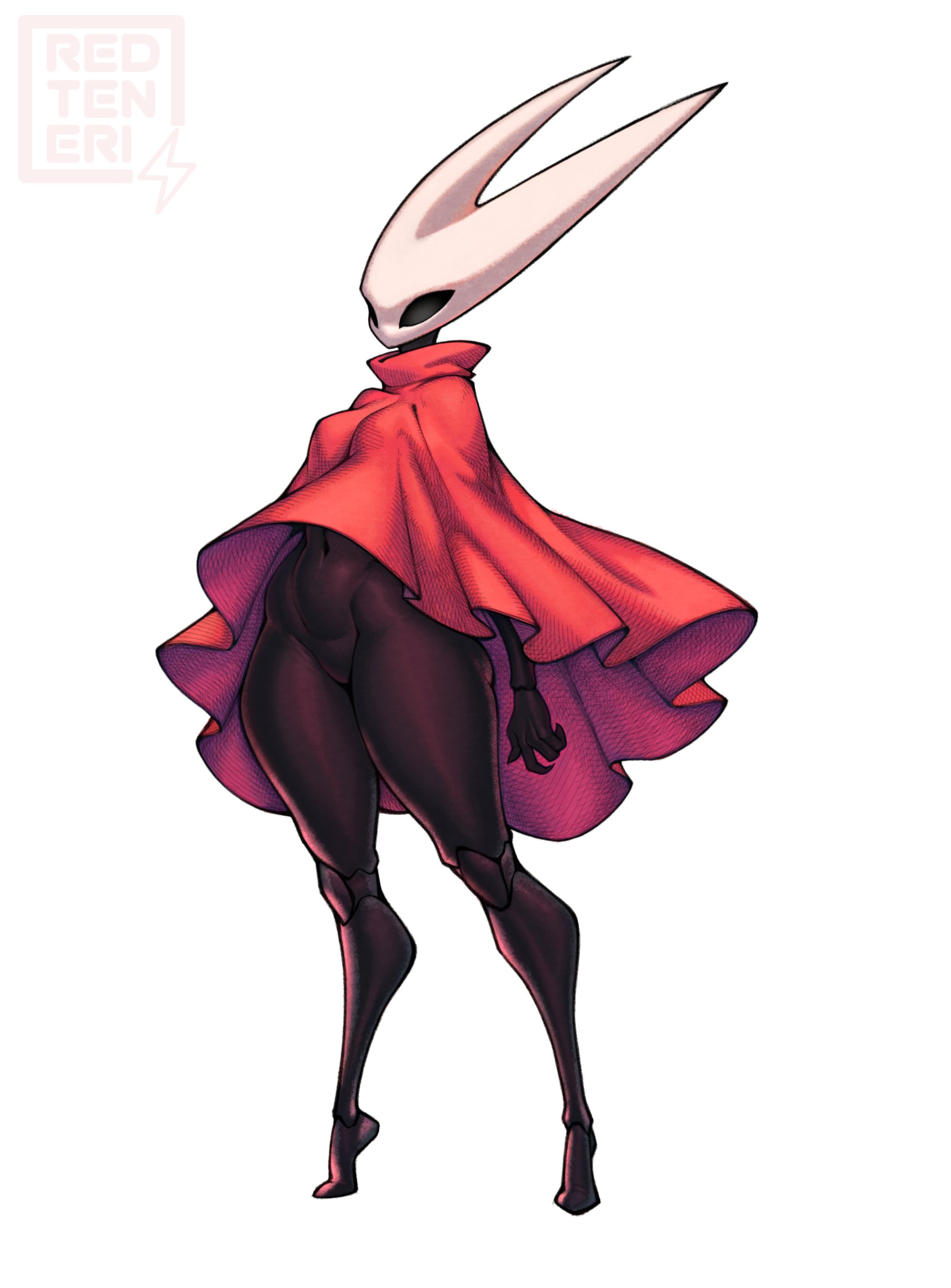 1girls, arachnid, arachnid humanoid, belly button, black body, bug girl, cloak, female, female focus, female only, hollow knight, horn, horned female, horned humanoid, hornet (hollow knight), horns, redteneri, solo, solo focus, tagme, white background, wide hips