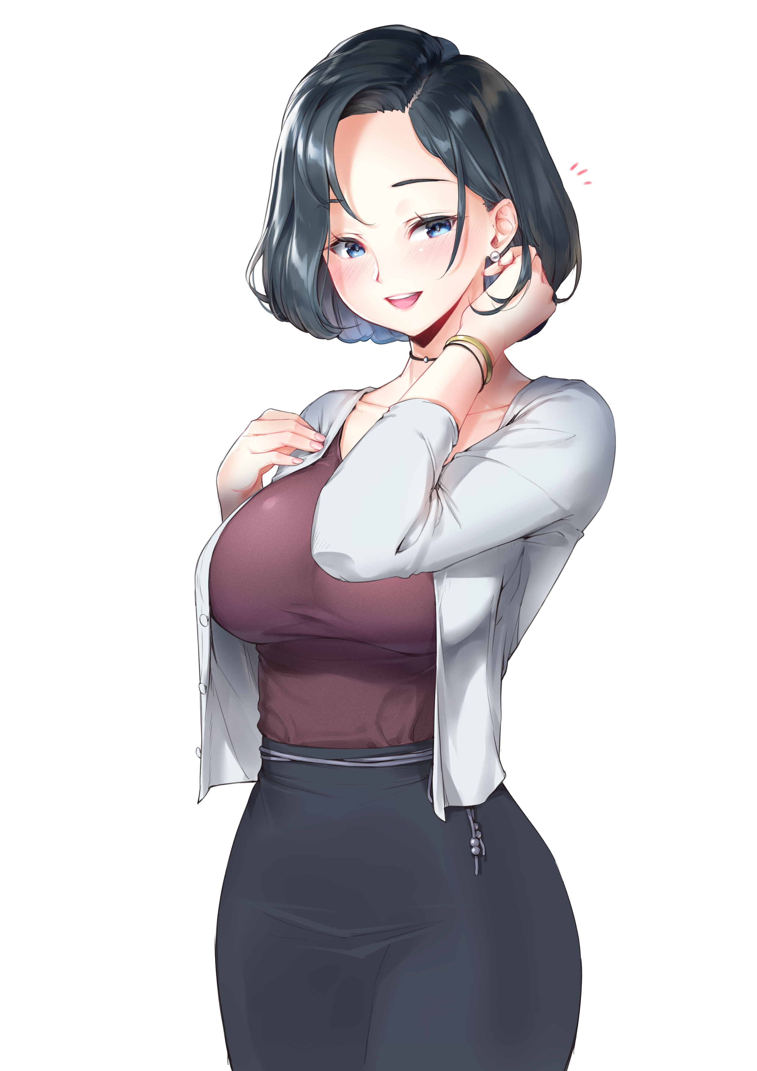 2020, arm up, big breasts, black hair, blue eyes, blush, bracelet, breasts, choker, clothed, clothed female, clothing, earrings, female, female only, fully clothed, high resolution, looking at viewer, mature, mature female, milf, muto, open mouth, original, short hair, simple background, skirt, smile, thick thighs, thighs, tight clothing, tight skirt, white background