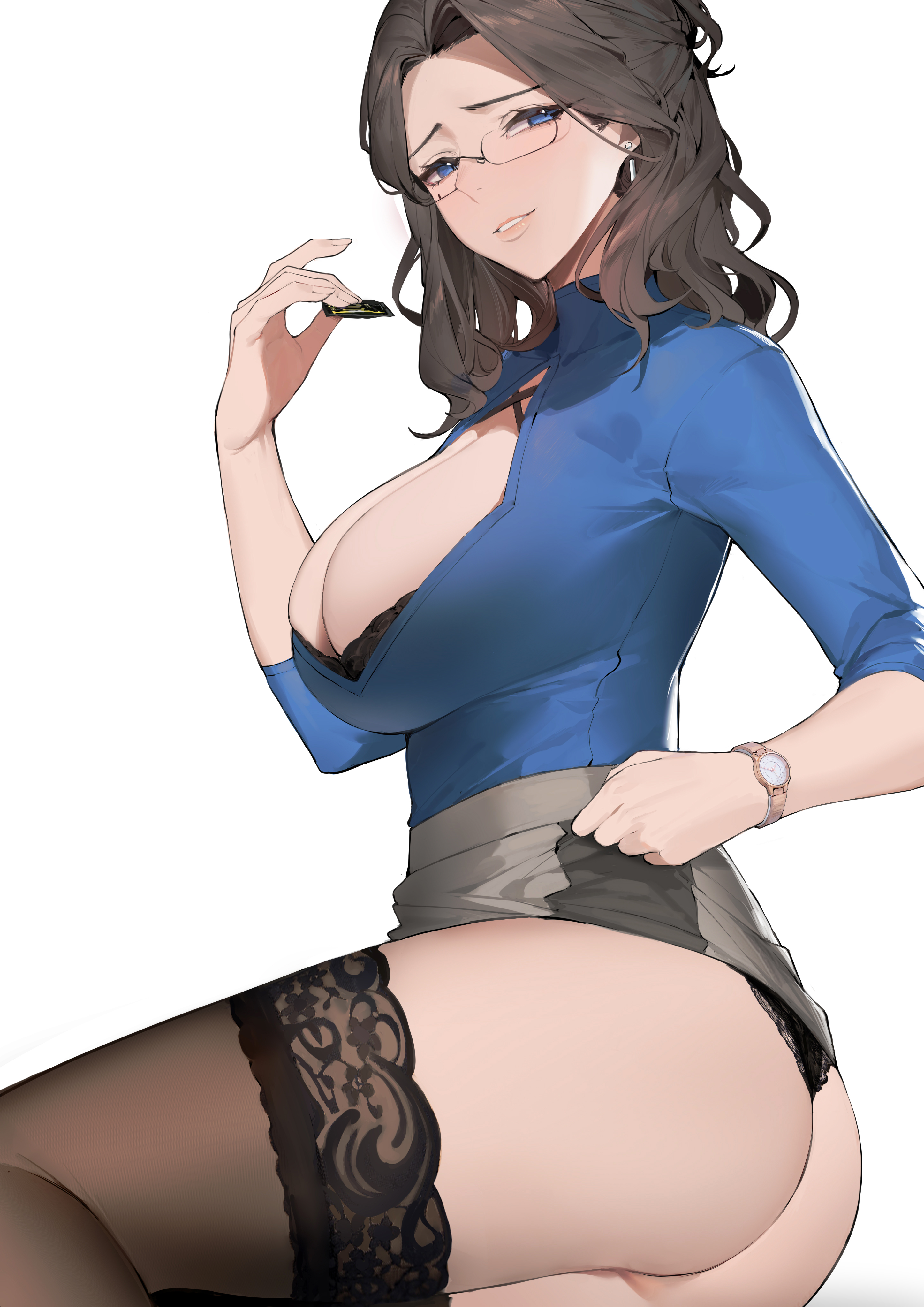 1girls, 2021, aliosarvin, ass, big breasts, black hair, black panties, blue eyes, blush, breasts, cleavage, clothed, clothed female, clothing, condom, earrings, female, female only, glasses, high resolution, holding object, inoue iris (sdustz), looking at viewer, mature, mature female, original, panties, shirt, simple background, skirt, skirt lift, smile, stockings, tight clothing, watch, white background