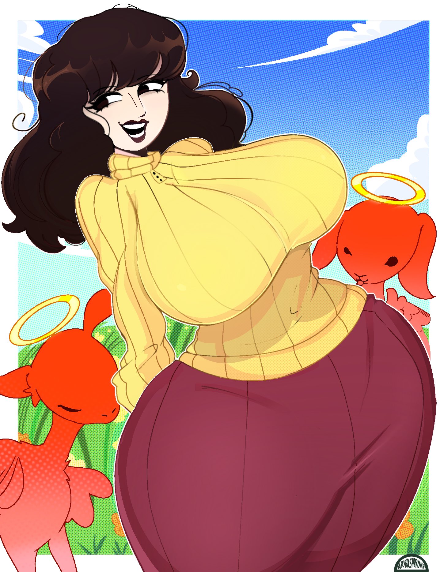 1girls, abuhashbrown, big breasts, breasts, clothed, clothed female, clothing, hourglass figure, huge breasts, long hair, milf, rosemary walten, solo, solo female, sweater, the walten files, thick thighs, thighs, turtleneck