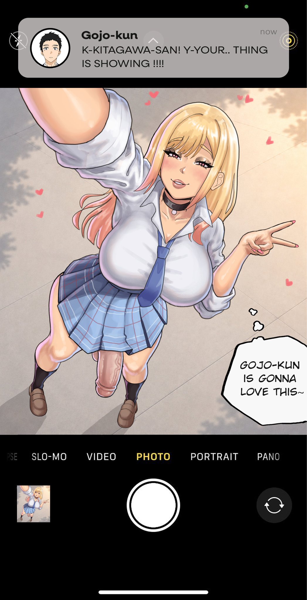 bedroom eyes, big penis, blush, camera, camera hud, choker, english text, futanari, gojou wakana, gyaru, hung futa, kitagawa marin, large breasts, peace sign, penis under skirt, phone camera, selfie, selfie pose, shisohide, skirt, solo, solo focus, solo futa, sono bisque doll wa koi wo suru, thought bubble, tight shirt
