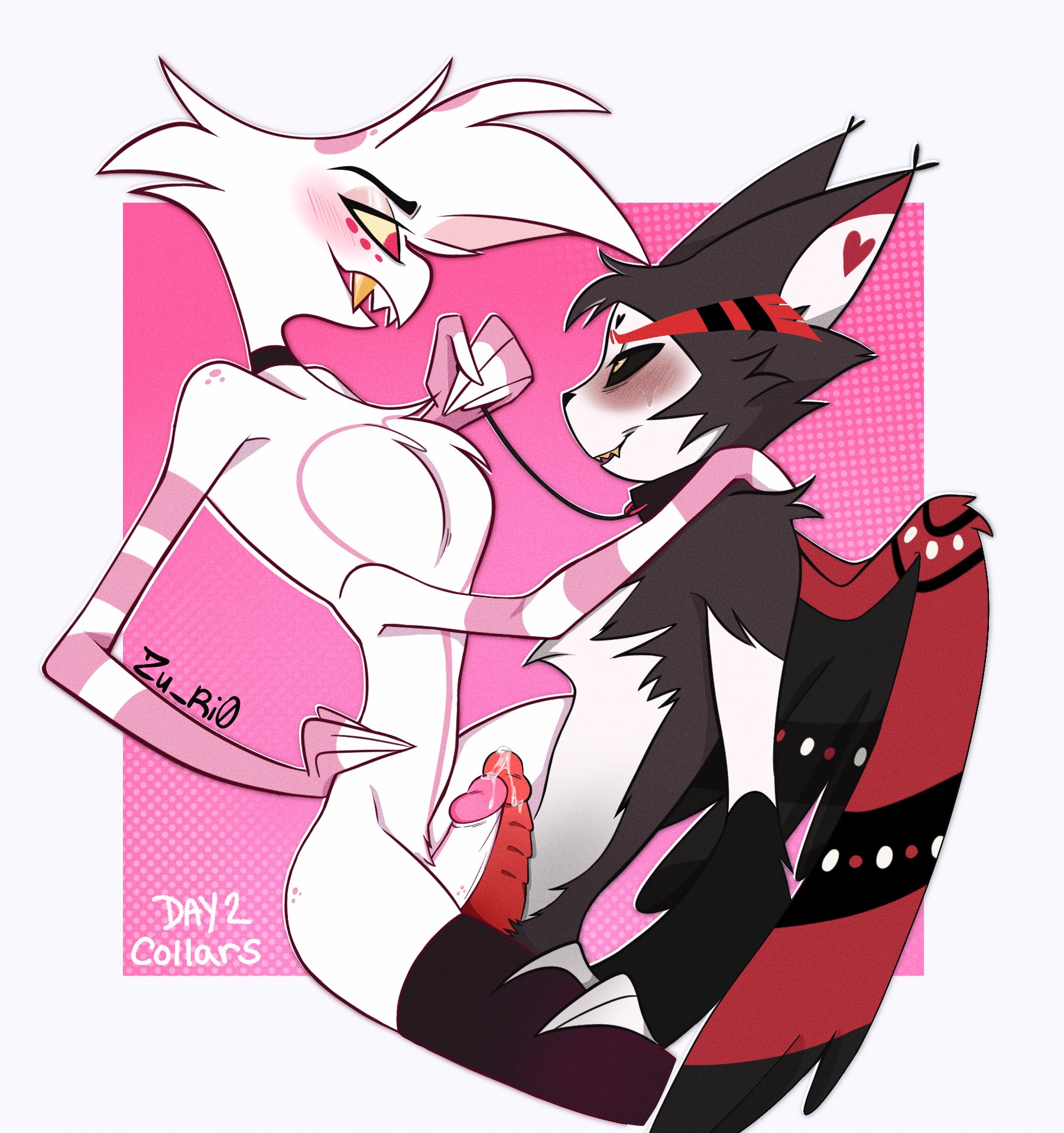 4 arms, angel dust (hazbin hotel), anthro, blush, choker, collar, femboy, frottage, gay, gay sex, hazbin hotel, husk (hazbin hotel), kinktober, leash, male, male only, precum, ridged penis, sharp teeth, wings, yaoi, zu ri0