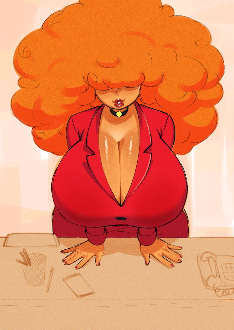 1girls, afro, big breasts, big hair, breast focus, breasts, cleavage, female, female only, grimy291, hair, hair over eyes, huge breasts, large breasts, lips, lipstick, mature, mature female, mature woman, nail polish, nails, office clothing, office lady, orange hair, parted lips, pencil skirt, powerpuff girls, red lips, red lipstick, red nail polish, red nails, red skirt, sara bellum, smile, solo, solo female, thick lips