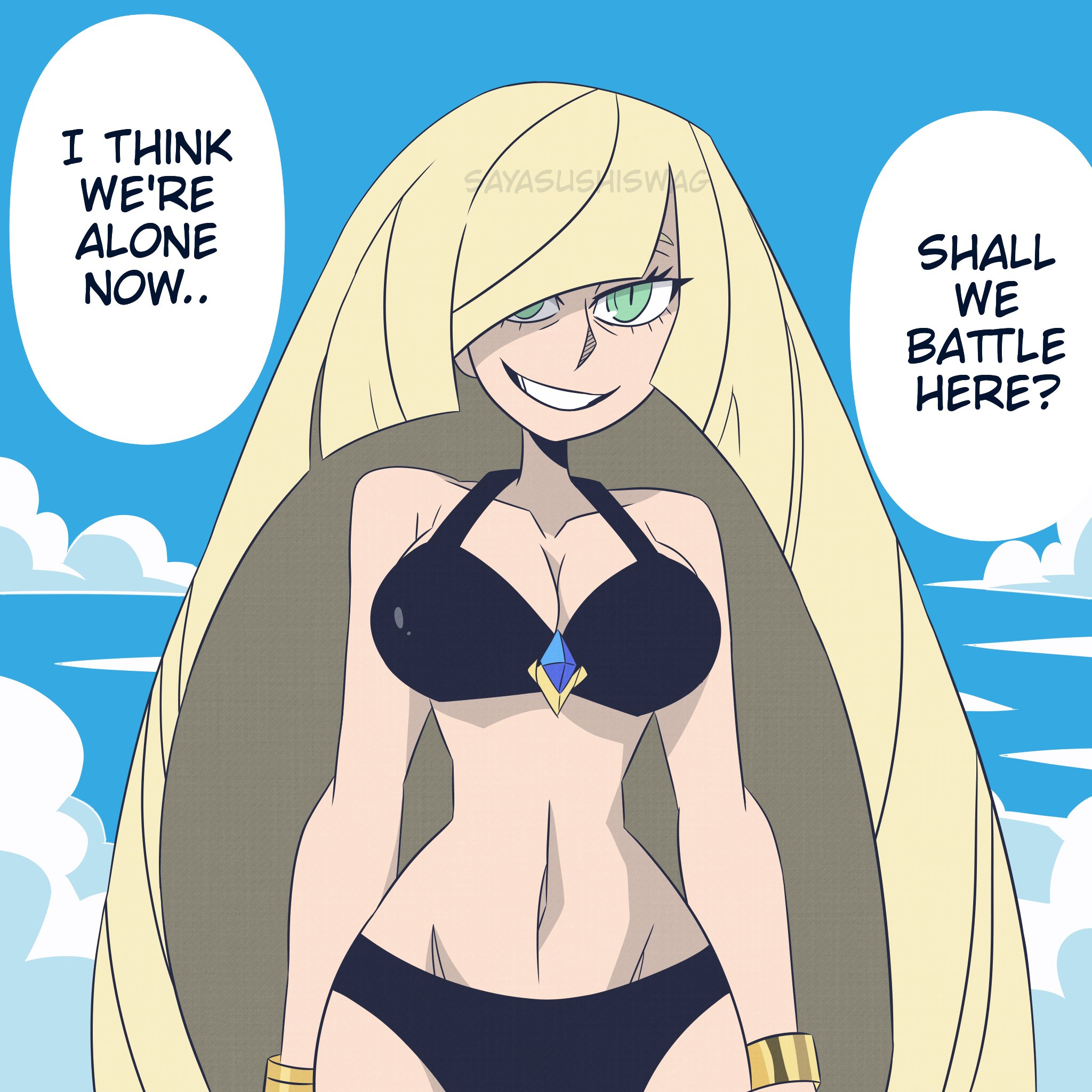 1girls, beach, beach background, bikini, blonde hair, boobs, breasts, english text, eyelashes, green eyes, human, long hair, lusamine (pokemon), neckline, pokemon, sayasushiswag, swimsuit, text, white skin