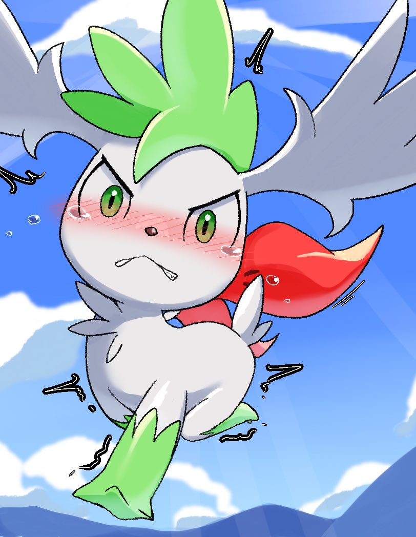 ambiguous_gender anthro blush bodily_fluids crying embarrassed legendary_pokemon looking_at_viewer milklemon5127 nintendo omorashi pokémon_(species) pokemon pokemon_(species) shaymin sky_forme_shaymin solo tears video_games