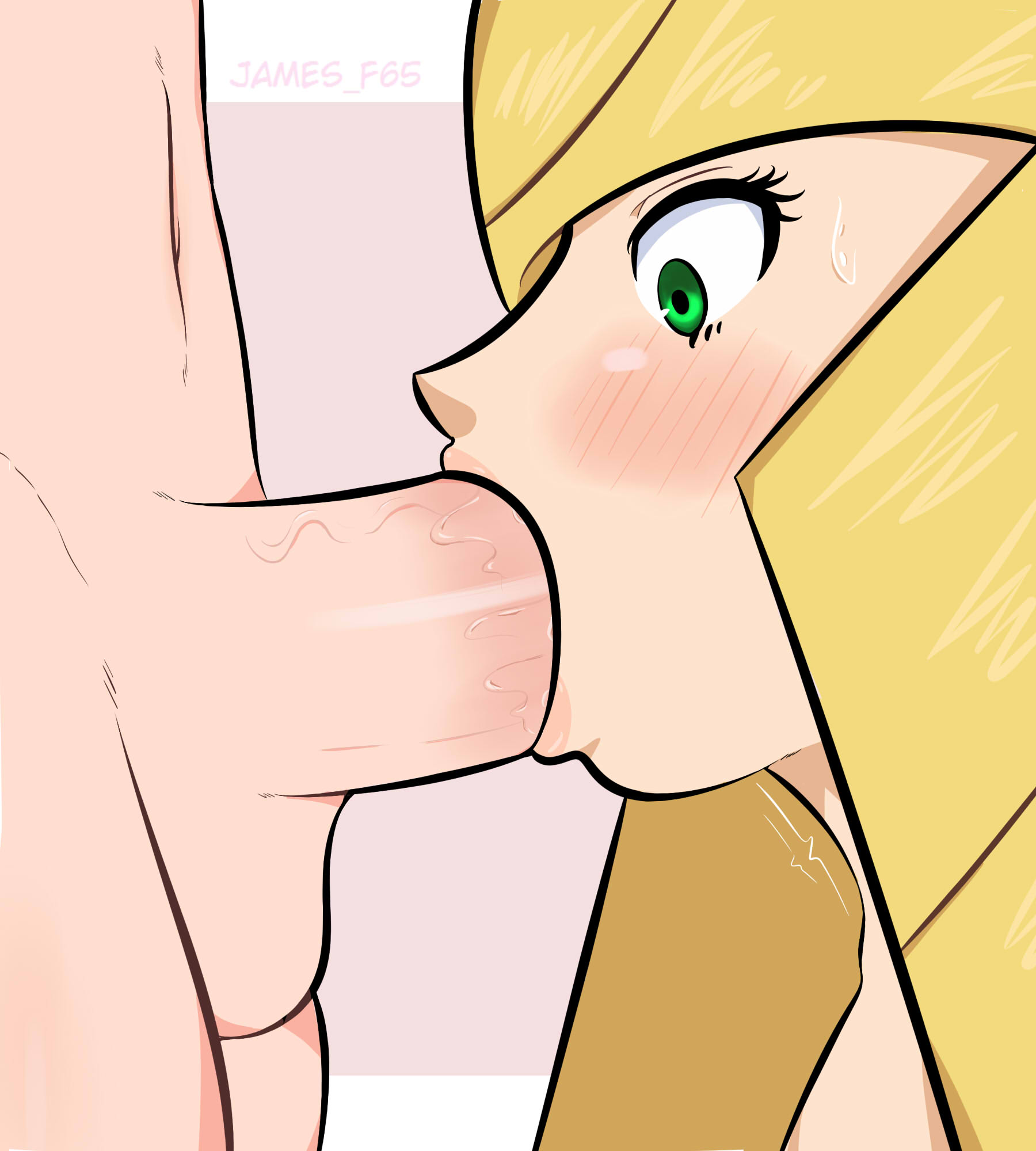 1boy, 1girls, balls, big penis, blonde hair, blowjob, blush, fellatio, female, green eyes, jamesf65, large penis, long hair, lusamine (pokemon), male, mature female, milf, nintendo, oral, penis, pokemon, pokemon sm, surprised, testicles
