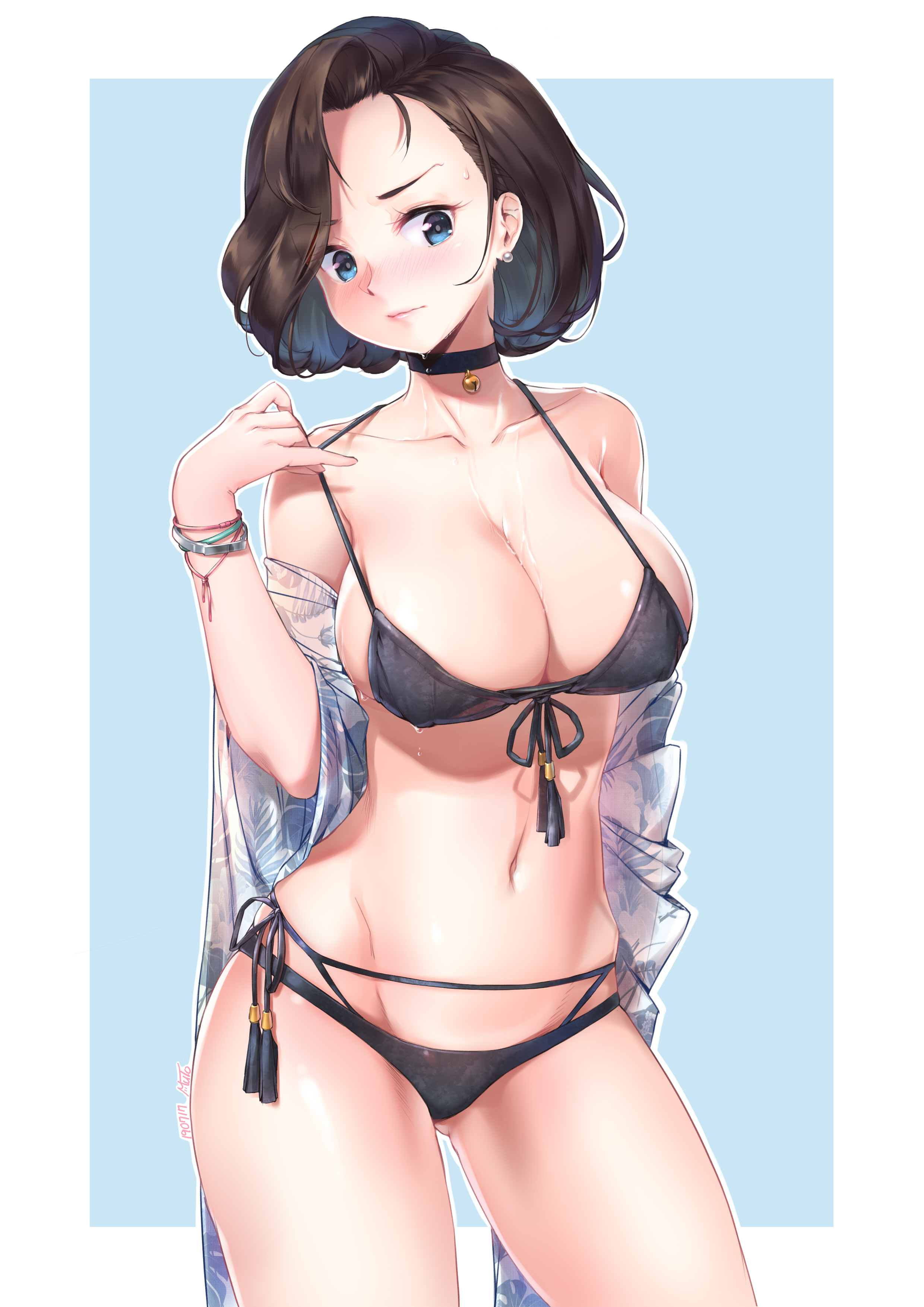 1girls, 2019, arm up, barely clothed, belly, big breasts, bikini, bikini bottom, bikini top, black hair, blue hair, blush, bracelet, breasts, choker, earrings, female, female only, high resolution, looking at viewer, mature, mature female, milf, muto, navel, nipple bulge, original, short hair, simple background, sweat, thick thighs, thighs, wet