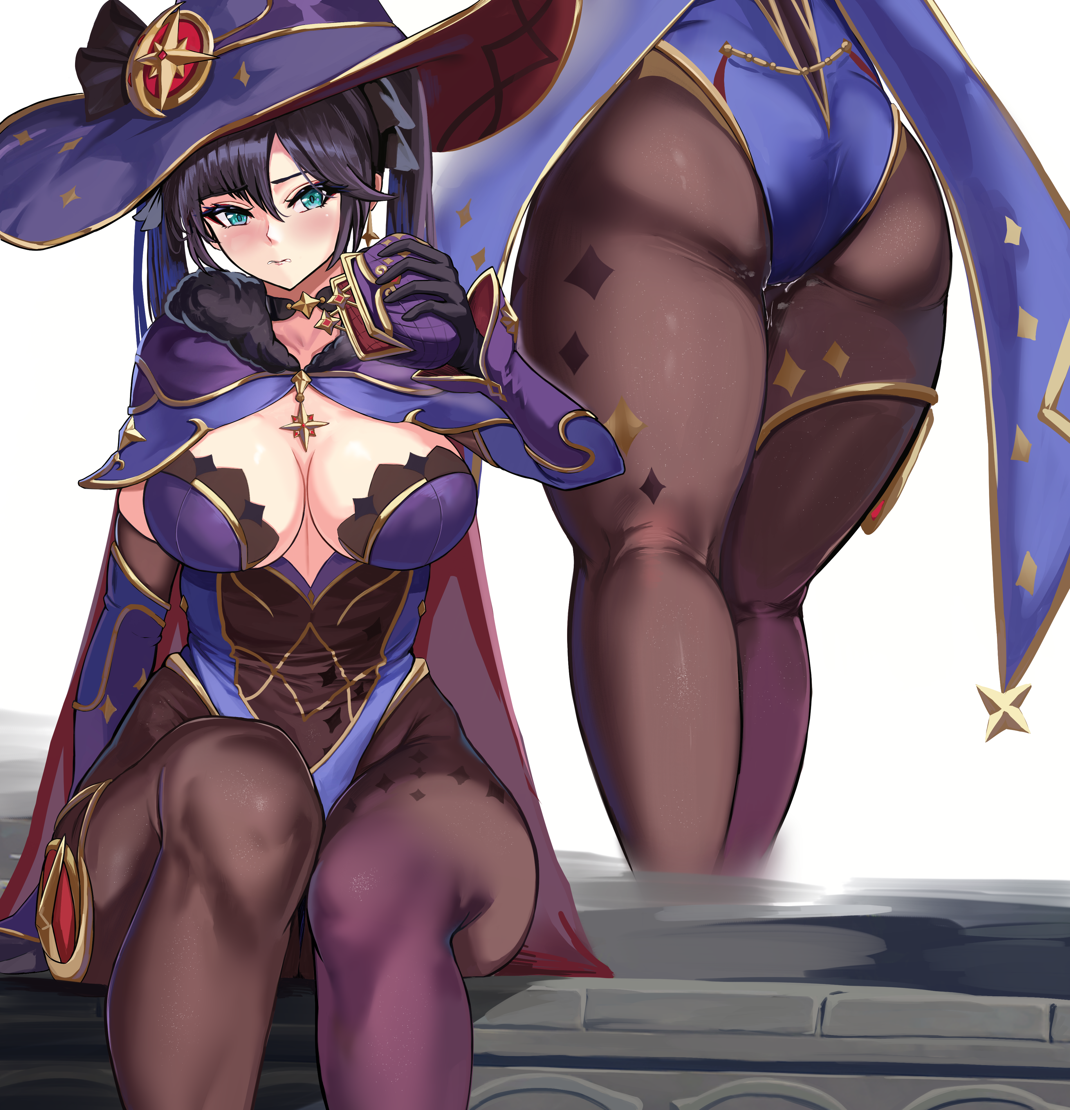 1girls, 2021, 2d (artwork), alternate breast size, alternate eye color, ass, ass focus, back view, black hair, blue eyes, breasts, bubble ass, bubble butt, cleavage, female, female only, front view, genshin impact, hat, hi res, highleg leotard, hips, huge breasts, large ass, large hat, leotard, long hair, long legs, loooyd, mona (genshin impact), purple leotard, simple background, slim waist, thick thighs, thighs, twintails, very high resolution, wide hips, witch hat