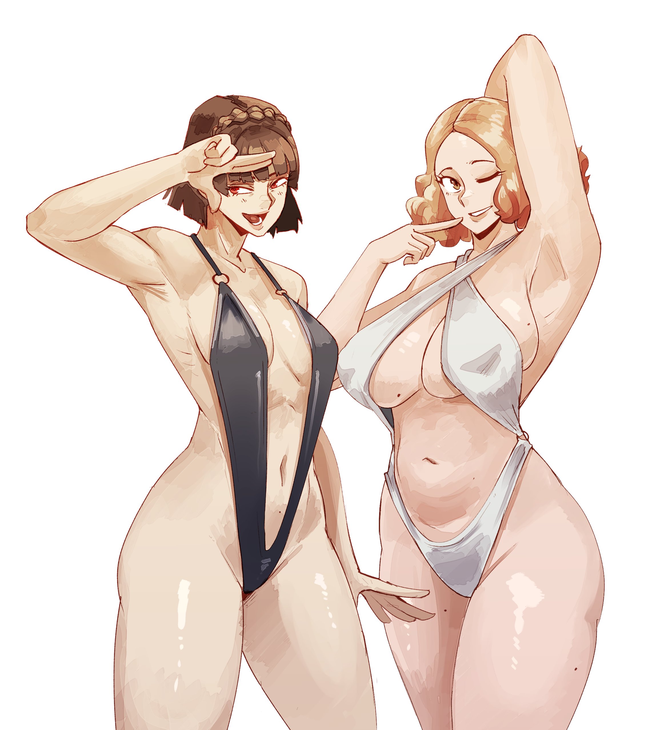 2girls, arms behind head, arms up, ass, atlus, belly, big breasts, bikini, black swimsuit, breasts, brown eyes, brown hair, chubby, chubby female, cleavage, criss-cross halter, crown braid, cupperthesecond, female, female only, flirting look, haru okumura, highres, hips, large breasts, makoto niijima, medium breasts, multiple females, multiple girls, one-piece swimsuit, orange hair, persona, persona 5, sega, short hair, size difference, slightly chubby, smile, smiling, swimsuit, thick thighs, thighs, white swimsuit, wide hips, wink