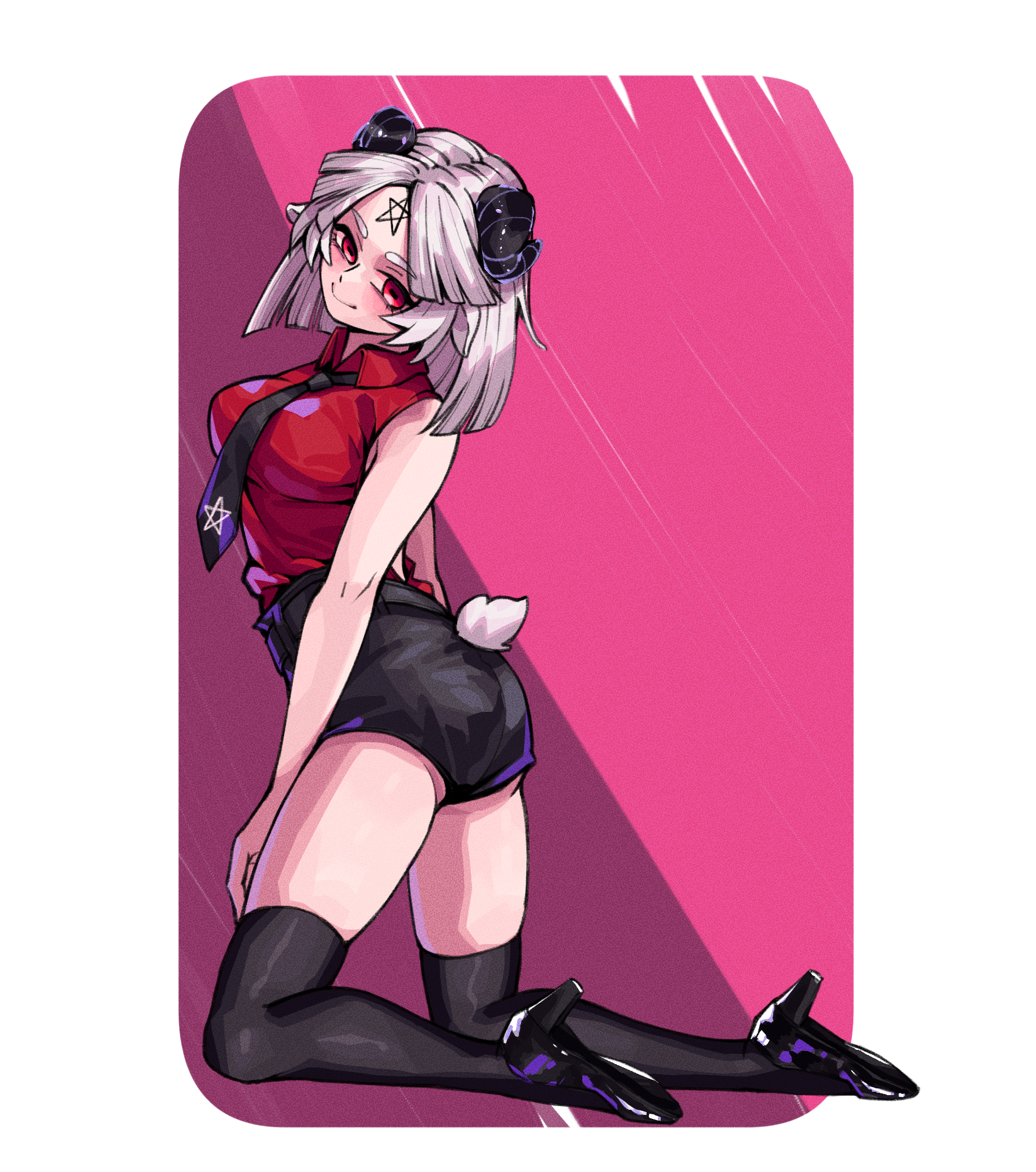 1girls, baphomet (grizz), breasts, demon, demon girl, fan character, female, goat horns, hair, helltaker, high-waist shorts, large breasts, short hair, smile, solo, solo female, solo focus, tail, tight clothing, white, white hair