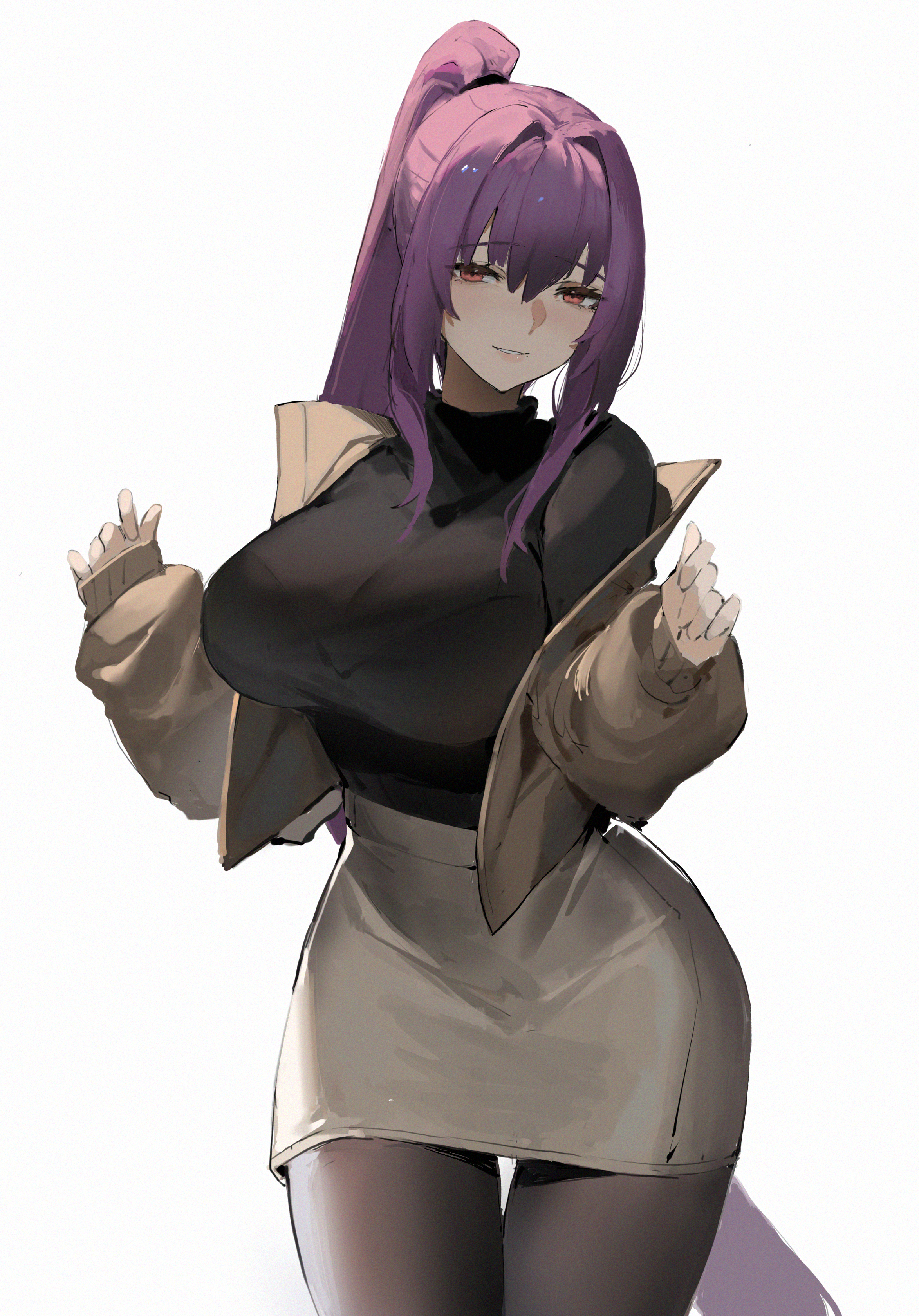 1girls, 2021, 2d, absurd res, absurdres, aliosarvin, arms up, ass, big breasts, blush, bra, bra visible through clothes, breast focus, breasts, breasts out, brown eyes, bubble ass, bubble butt, clothed, clothed female, clothes, clothing, digital drawing (artwork), digital media (artwork), digital painting (artwork), fate (series), fate/grand order, female, female only, fully clothed, hazel eyes, high resolution, highres, hips, hourglass figure, huge breasts, human, human only, humanoid, jacket, large breasts, light skin, light-skinned female, long hair, looking at viewer, open jacket, orange eyes, pantyhose, pink hair, ponytail, purple hair, red eyes, round ass, scathach (fate), seductive, seductive eyes, seductive look, seductive smile, showing breasts, simple background, skirt, small waist, smile, smiling, smiling at viewer, smirk, solo, solo female, stockings, sweater, thick, thick thighs, thigh highs, thighhighs, thighs, thin waist, tight clothes, tight clothing, turtleneck, very high resolution, voluptuous, white background, white skin, wide hips