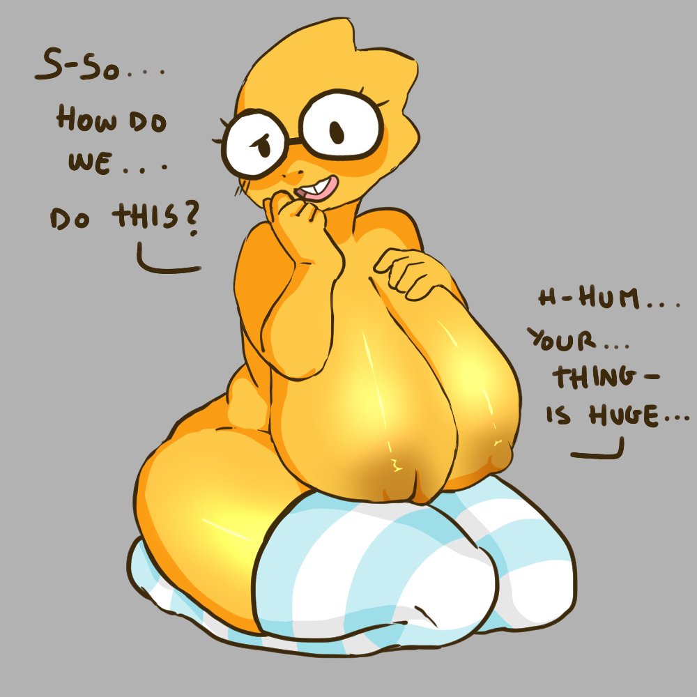 alphys anthro big_breasts breasts buckteeth clothing curvy_figure cvbe dialogue english_text eyewear female glasses hand_on_breast hand_on_face huge_breasts huge_thighs hyper hyper_breasts kneeling legwear legwear_only lizard looking_at_viewer love_handles mostly_nude nervous nipples non-mammal_breasts non-mammal_nipples open_mouth open_smile pov reptile scales scalie simple_background smile solo squish teeth text thick_thighs thigh_highs thigh_highs_only thigh_squish three-quarter_view undertale undertale_(series) voluptuous wide_hips yellow_body yellow_scales