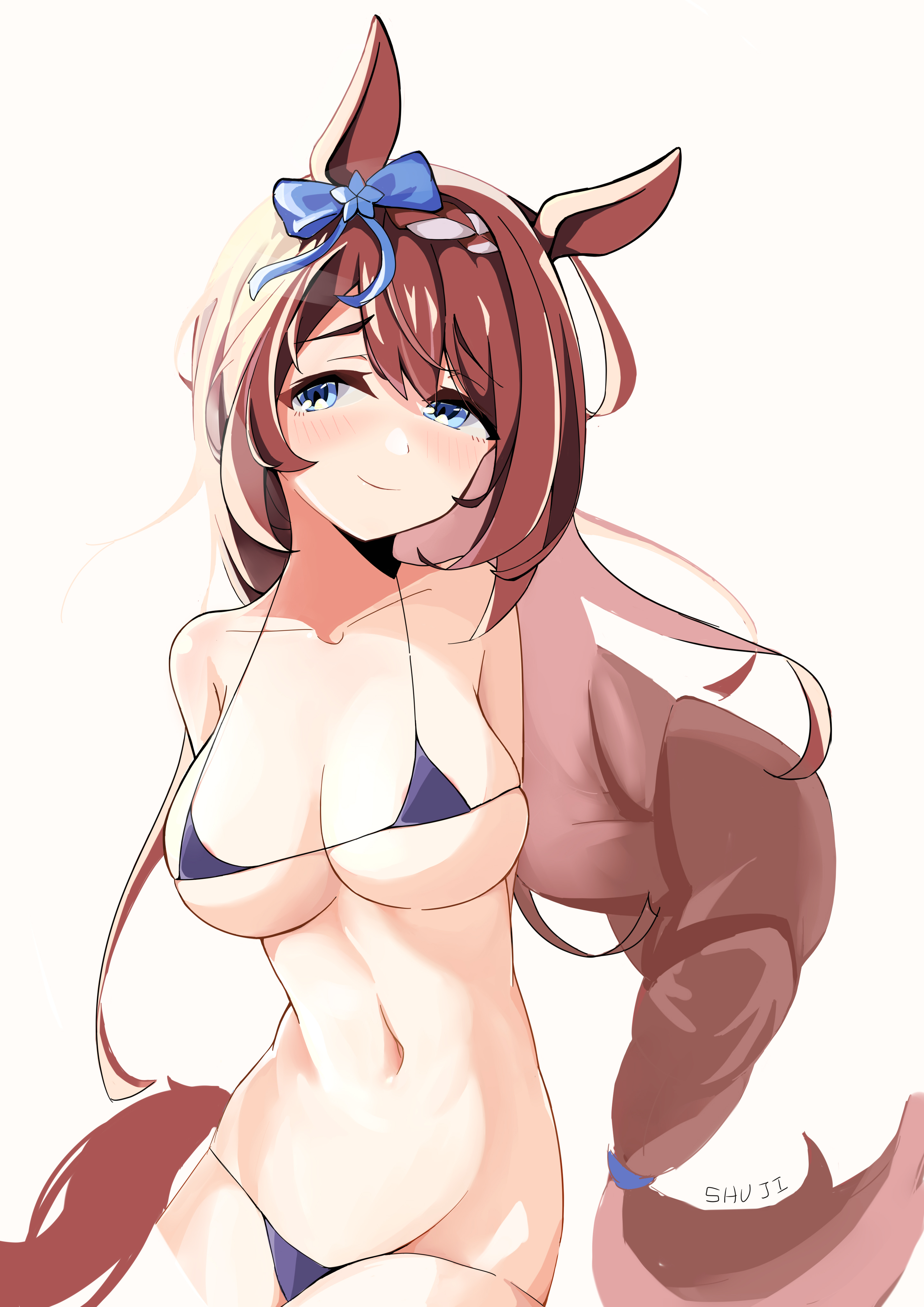 absurdres, animal ears, arm behind back, artist name, bare shoulders, bikini, blue bikini, blue eyes, blush, bow, braid, breasts, brown hair, collarbone, commentary request, ear bow, ear ornament, ear ribbon, female, highres, horse ears, horse girl, horse tail, large breasts, long braid, long hair, looking to the side, micro bikini, navel, shuji 2001, simple background, single braid, solo, super creek (umamusume), swimsuit, tail, umamusume, very long hair, white background