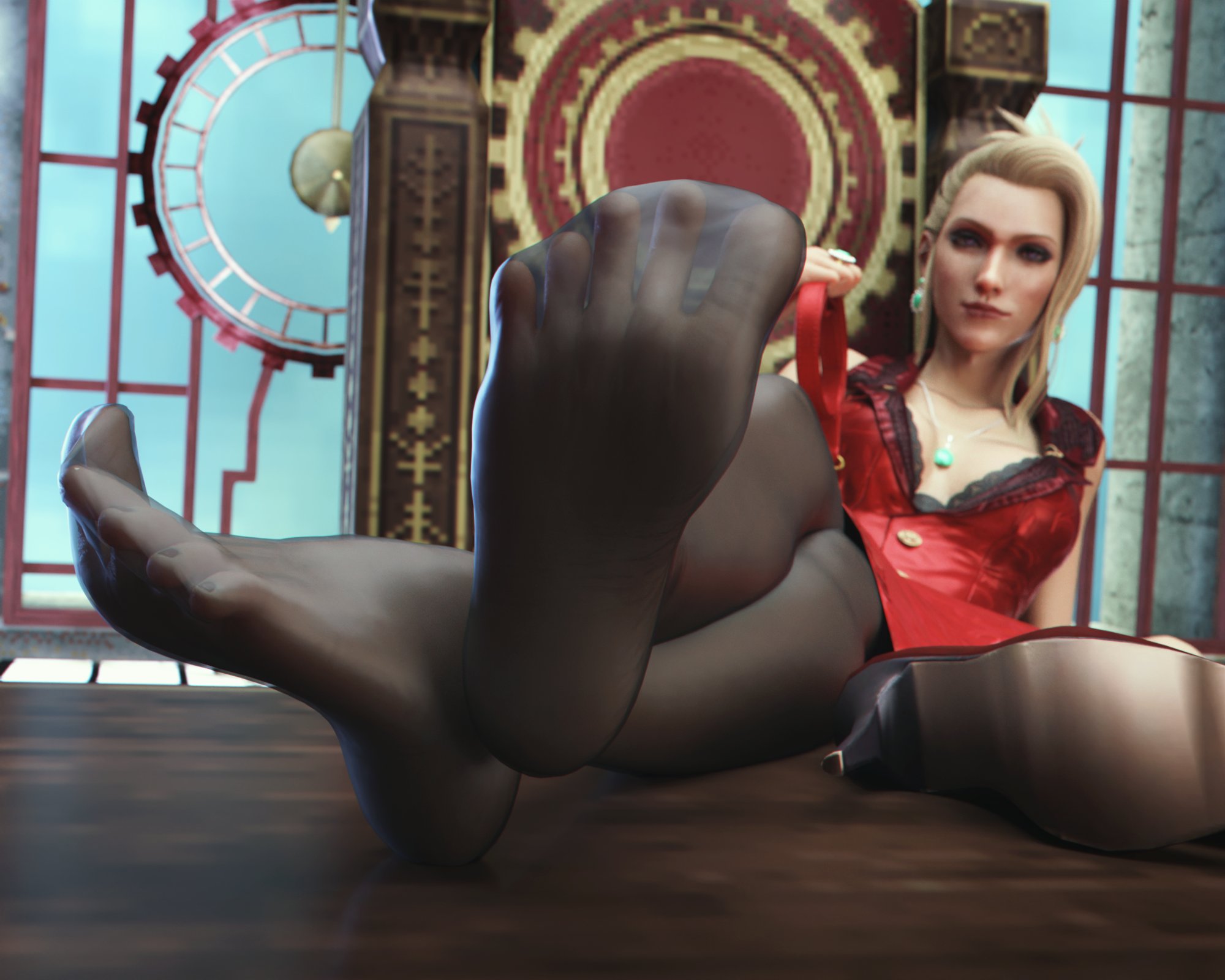 1girls, 3d, blonde female, dawadd, feet, female, female only, final fantasy, final fantasy vii, foot fetish, pantyhose, pov feet, presenting, presenting feet, red toenails, scarlet (ffvii), solo, toes