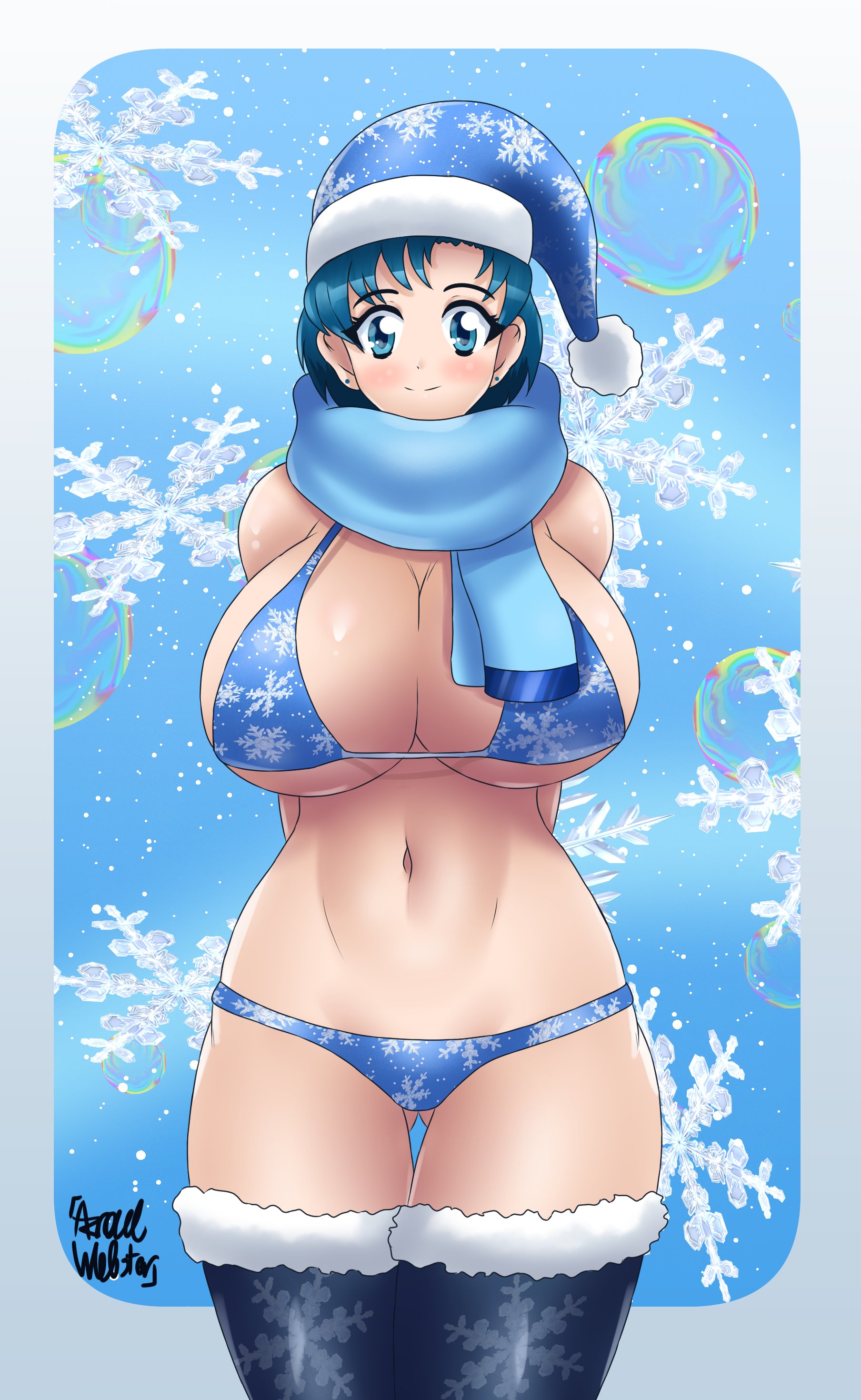 1girls, abs, ami mizuno, arms behind back, artist signature, ass peek, azraelwebster, barely clothed, big breasts, bikini, bishoujo senshi sailor moon, blue eyes, blue hair, blush, boots, breasts, christmas, cleavage, deep cleavage, eyebrows visible through hair, eyelashes, facing viewer, female, female only, fur trim, fur-trimmed headwear, fur-trimmed legwear, hat, headwear, large breasts, light skin, looking at viewer, santa hat, scarf, short hair, sideboob, skimpy, skimpy clothes, smile, solo, solo female, standing, stockings, stomach, swimsuit, tagme, thighhighs, tight clothing, underboob, winter clothes