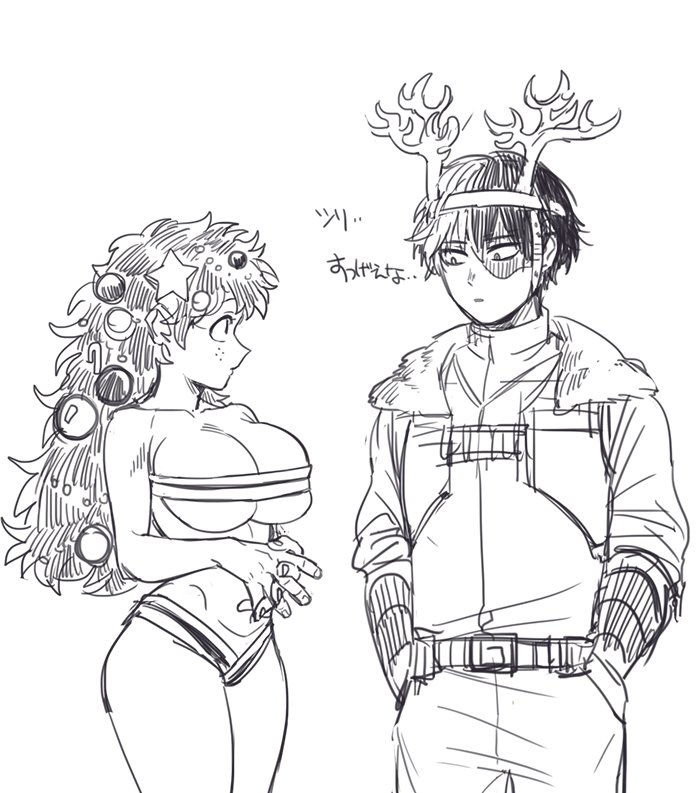 1boy, 1girls, big breasts, breasts, busty, christmas, christmas clothing, christmas ornaments, clothed male, female, female deku, genderswap, genderswap (mtf), izuku midoriya, japanese text, large breasts, looking at breasts, male, my hero academia, reindeer antlers, reindeer costume, revealing clothes, rule 63, shouto todoroki, tight clothing, tododeku