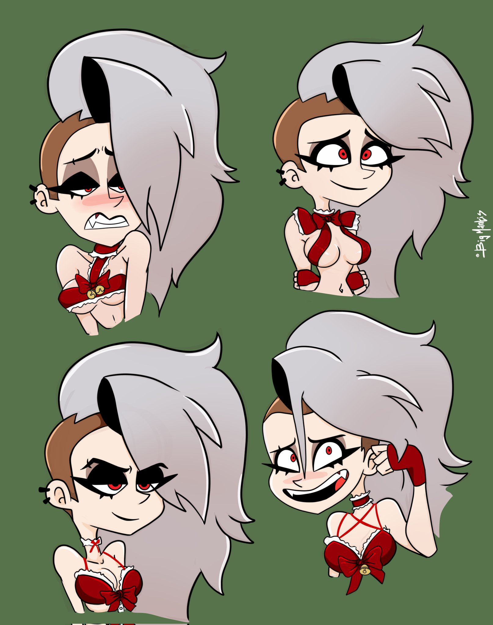 bigmantis, blush, bow bra, bra, breasts, christmas outfit, clothing, costume, demon, demon girl, embarrassed, female, goth, green hair, helluva boss, human, human loona, loona (helluva boss), medium hair, punk, red bra, red eyes