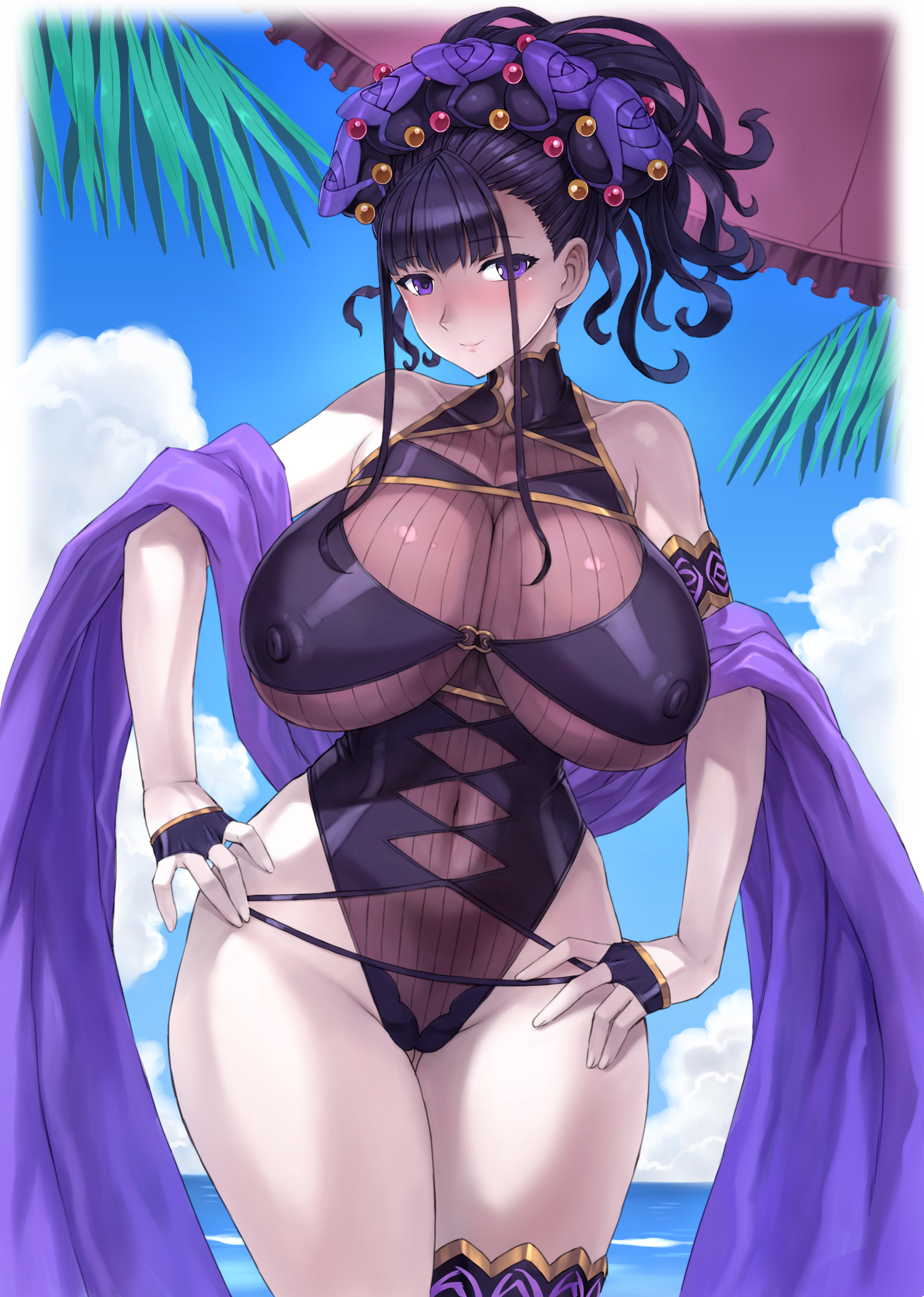 absurdres, areolae, asymmetrical bangs, bangs, blush, breasts, breasts apart, bursting breasts, busty, cloud, curvaceous, curvy, day, enormous breasts, erect nipples, erect nipples under clothes, eyebrows visible through hair, fate (series), fate/grand order, feet out of frame, female, female focus, fingerless gloves, gloves, groin, hair ornament, hands on hips, highleg swimsuit, highres, huge breasts, legs, looking at viewer, mature, mature female, milf, mogudan, murasaki shikibu (fate), murasaki shikibu (swimsuit rider) (fate), nipples, ocean, outdoors, parasol, parted lips, purple eyes, purple hair, sky, solo, standing, thigh gap, thighs, tied hair, umbrella, voluptuous