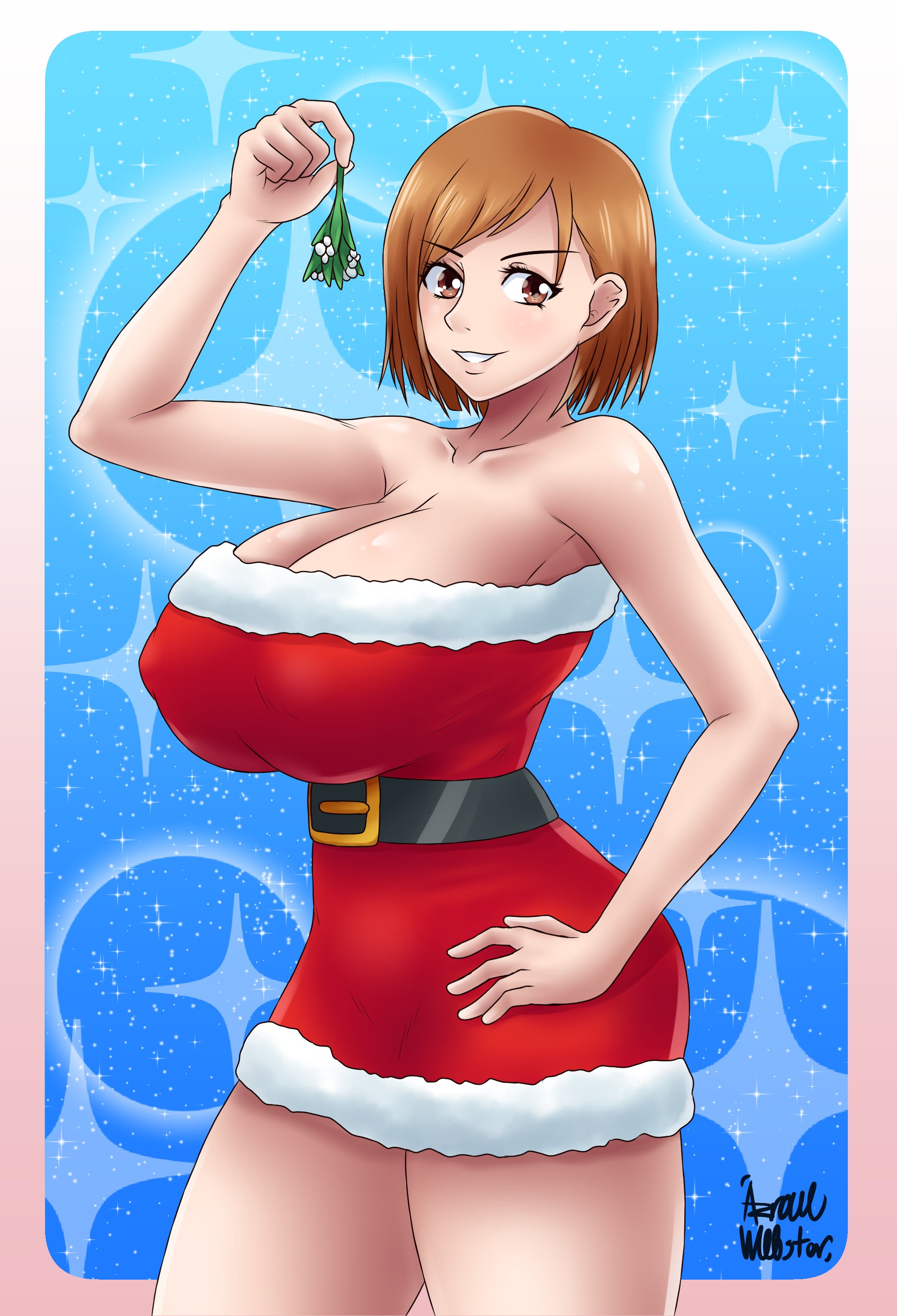 1girls, artist signature, azraelwebster, bare shoulders, big breasts, blush, breasts, brown eyes, brown hair, brown-haired female, christmas outfit, cleavage, clothed, clothed female, collarbone, eyebrows visible through hair, eyelashes, female, female only, hand on hip, human, human only, jujutsu kaisen, kugisaki nobara, large breasts, looking at viewer, mistletoe, nipple bulge, santa costume, short hair, smile, solo, solo female, standing, thick thighs